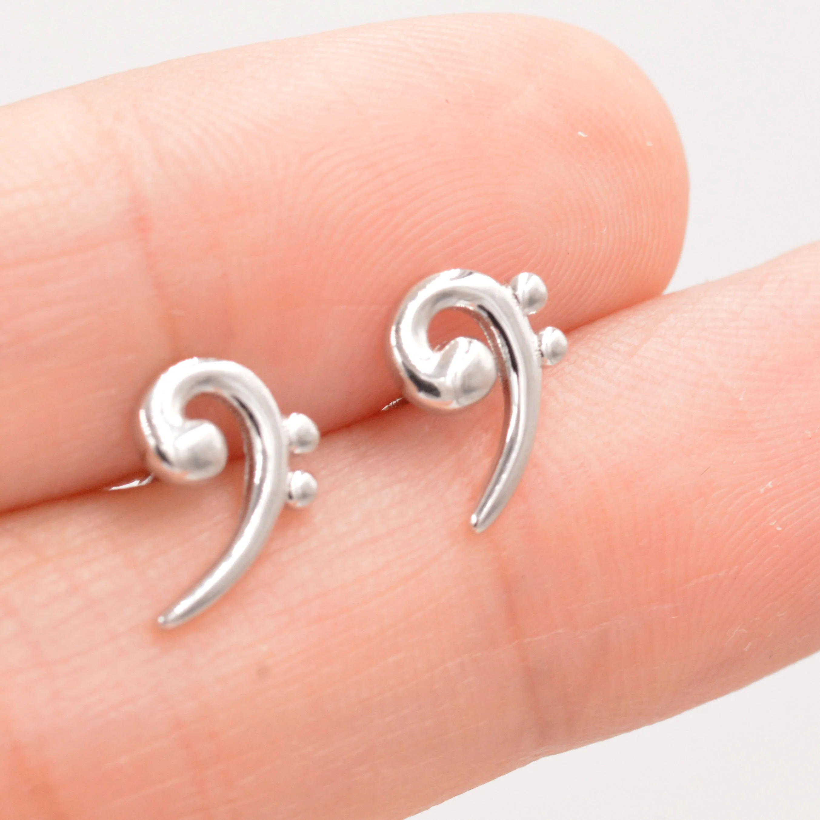 Bass Clef Music Note Stud Earrings in Sterling Silver - Small Pair of Music Earrings - Image 6