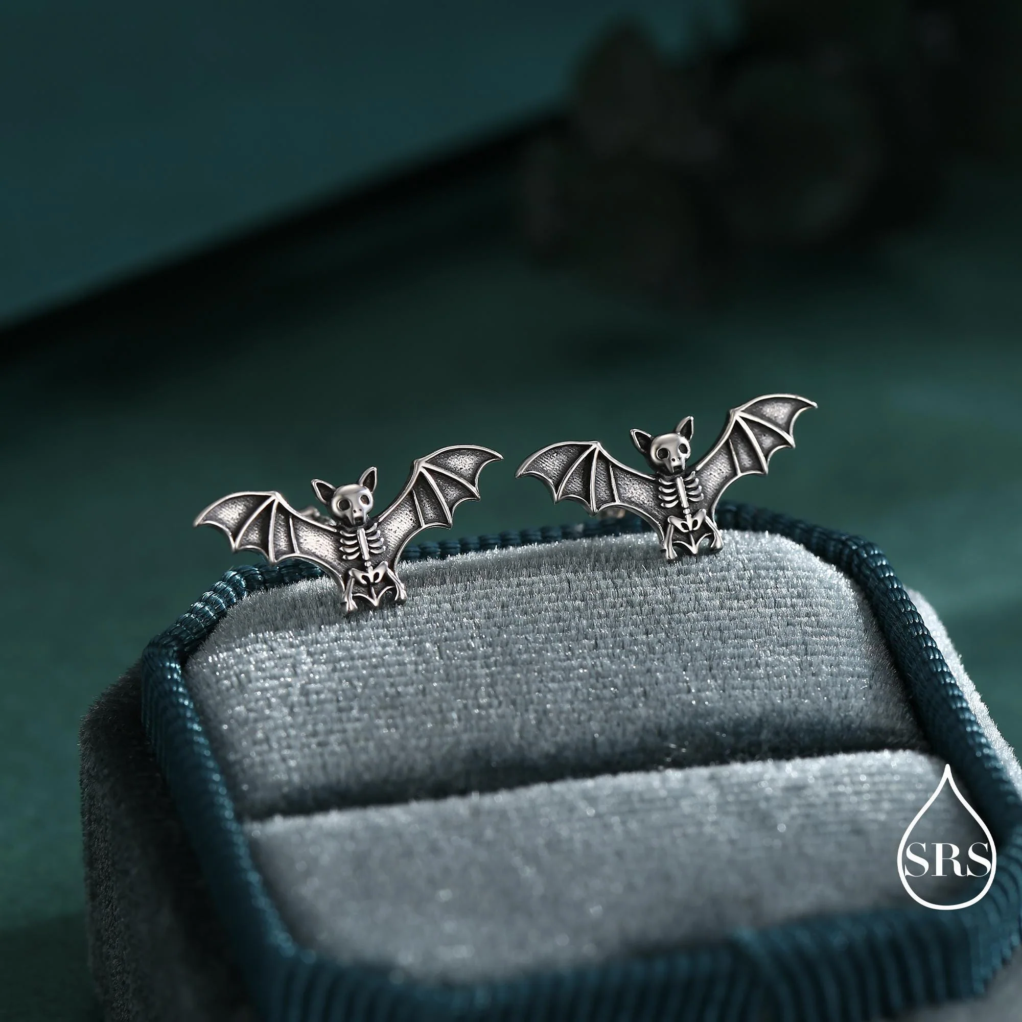 Bat Skeleton Stud Earrings in Sterling Silver, Oxidised Finish, Bat with Wings Earrings, Oxidised Silver Bat Earrings - Image 2