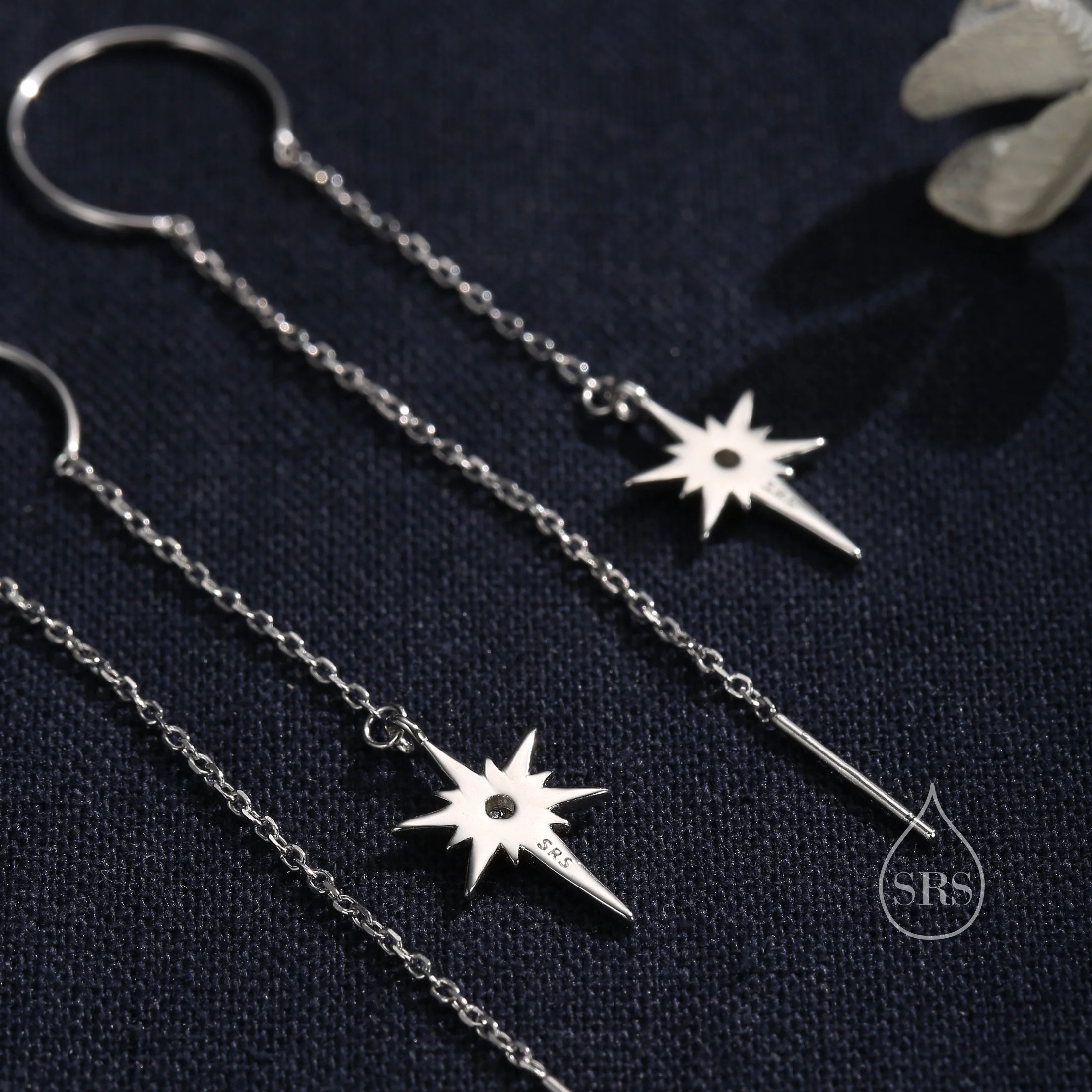 Beautiful Starburst Star Ear Threader Earrings, Silver, Gold or Rose Gold, Ear Wire in Sterling Silver, U shaped Dangle Threaders - Image 6