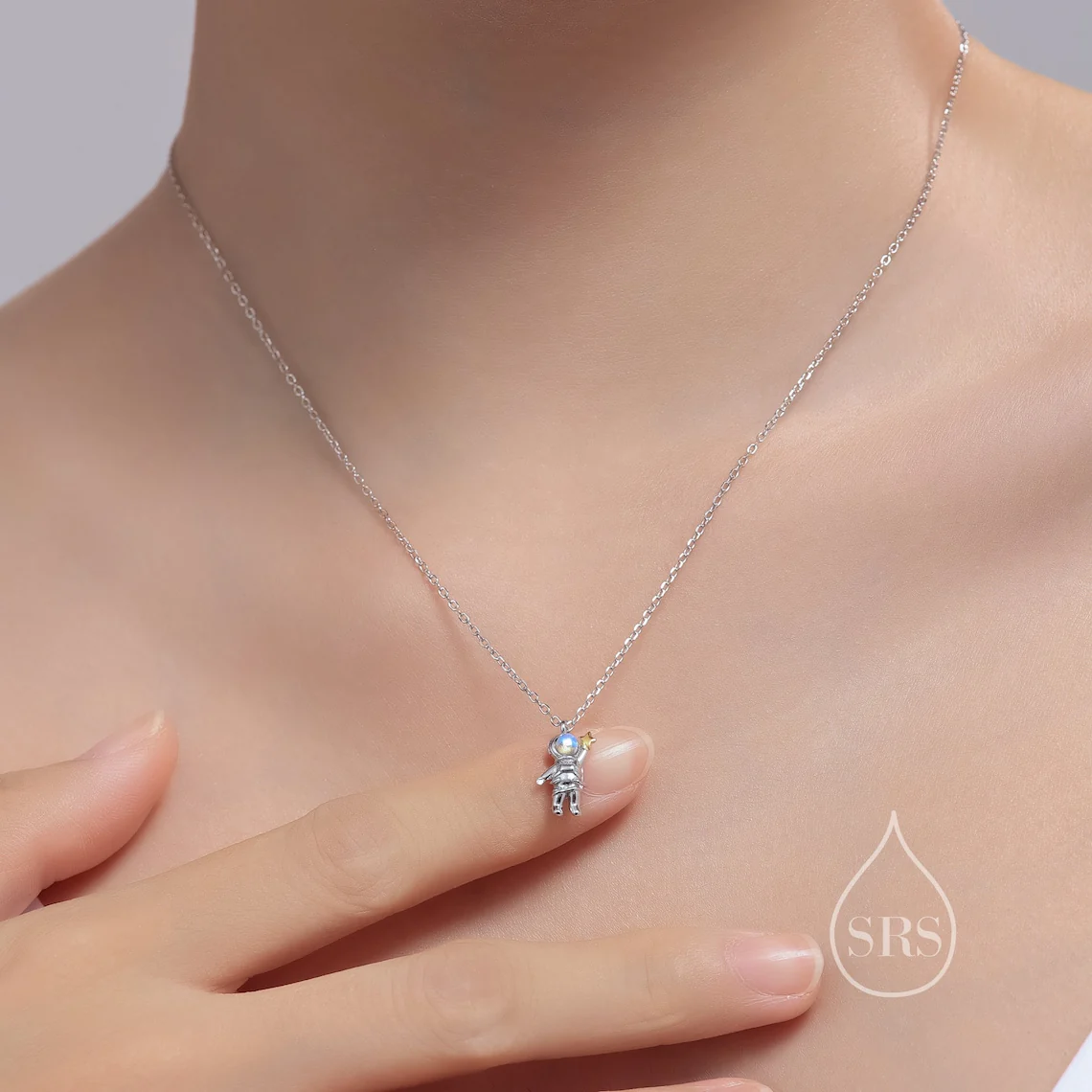 Best Friends Necklace, Astronaut Pendant Necklace in Sterling Silver with Lab Moonstone, Spaceman Necklace, Friendship Necklace - Image 2