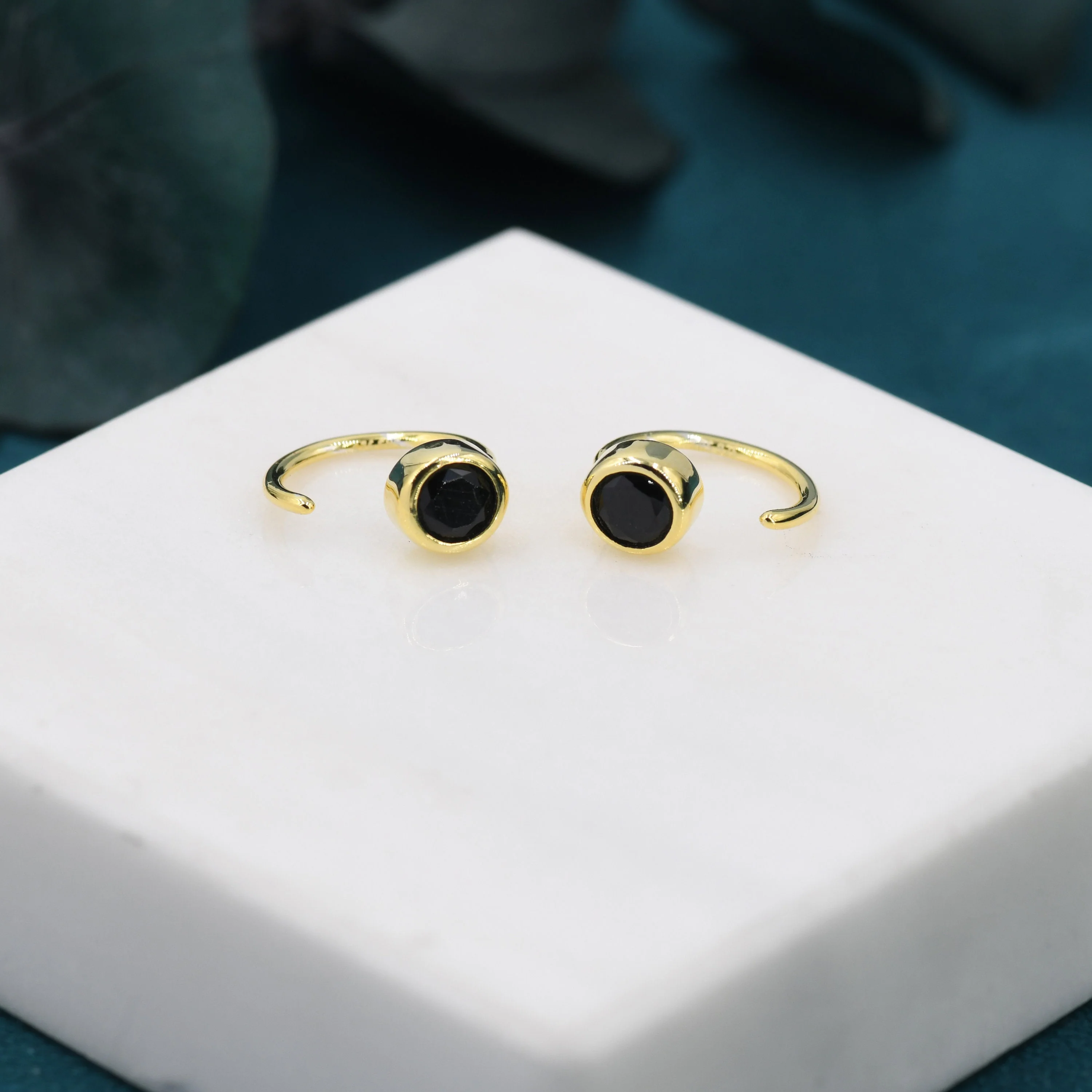 Black 4mm CZ Huggie Hoop Earrings in Sterling Silver, Tiny CZ Open Hoops, Pull Through Threaders, Half Hoops, C Shape - Image 3