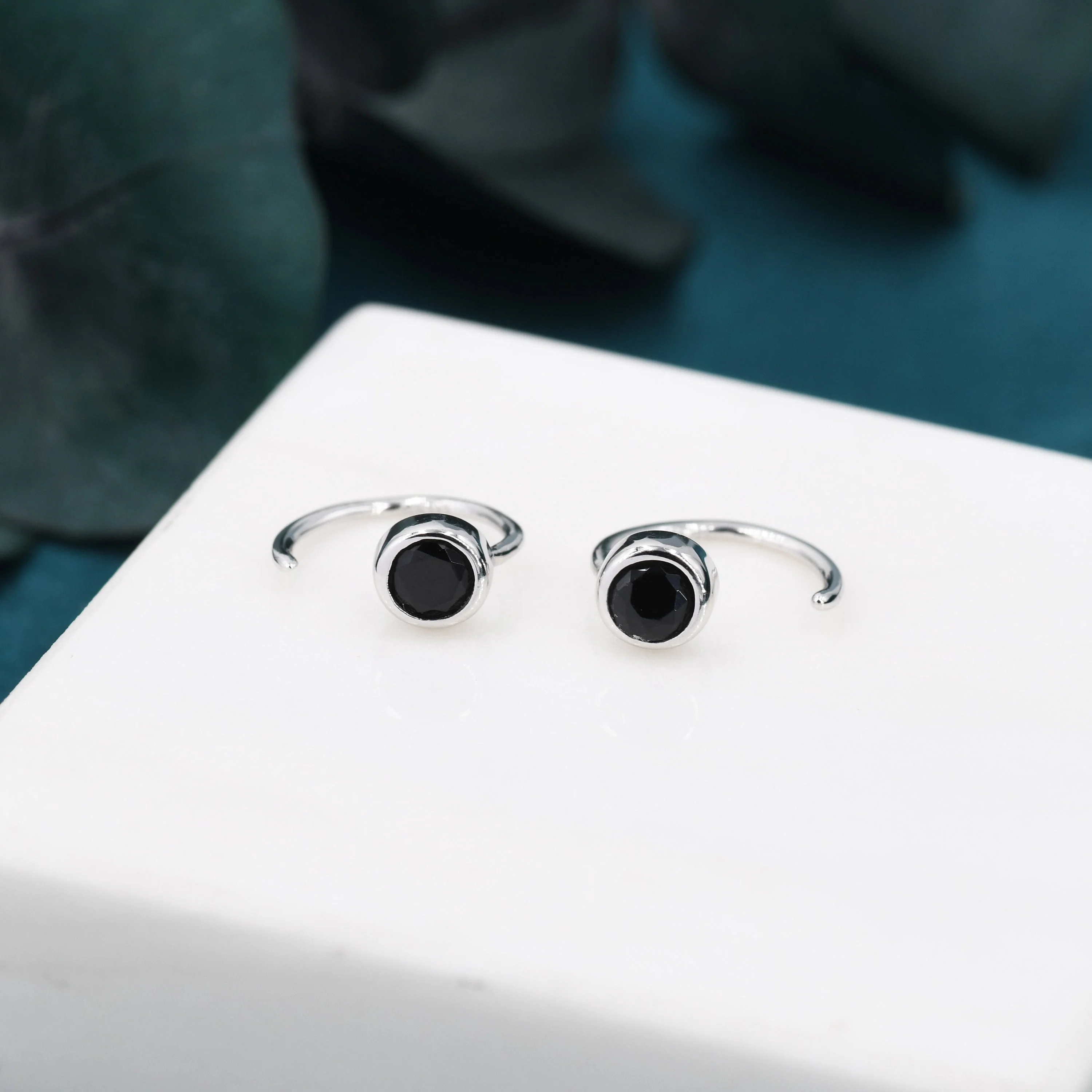 Black 4mm CZ Huggie Hoop Earrings in Sterling Silver, Tiny CZ Open Hoops, Pull Through Threaders, Half Hoops, C Shape - Image 8