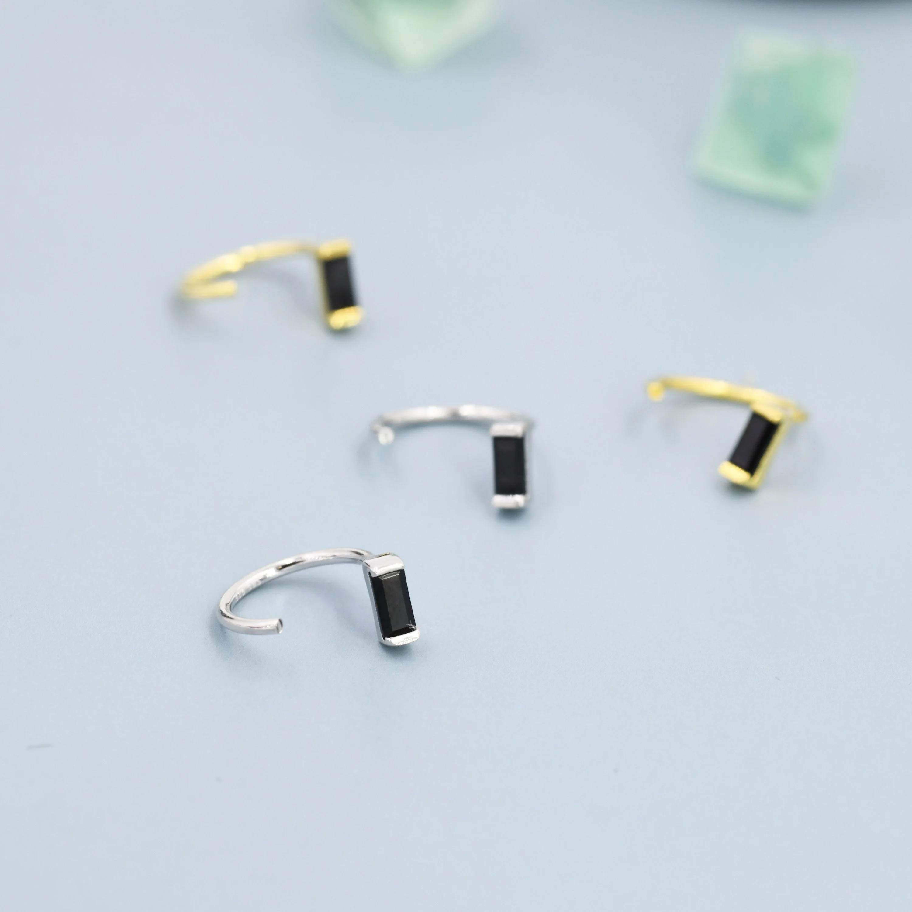 Black Baguette Cut CZ Huggie Hoop Earrings in Sterling Silver, Silver or Gold, Open Hoops, Pull-Through Threader Earrings,