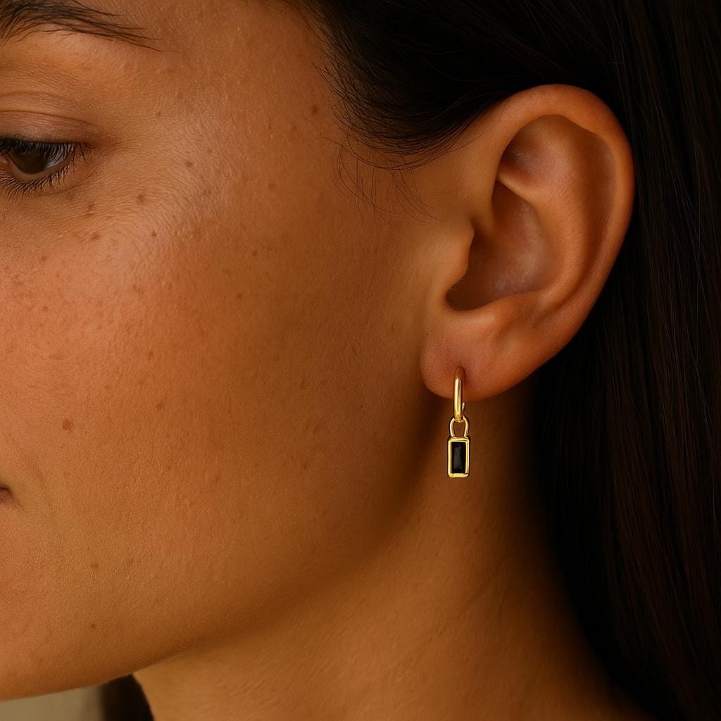 Black Baguette Cut CZ Huggie Hoop in Sterling Silver, Silver or Gold, CZ Minimalist Hoop Earrings, Detachable and Interchangeable - Image 2
