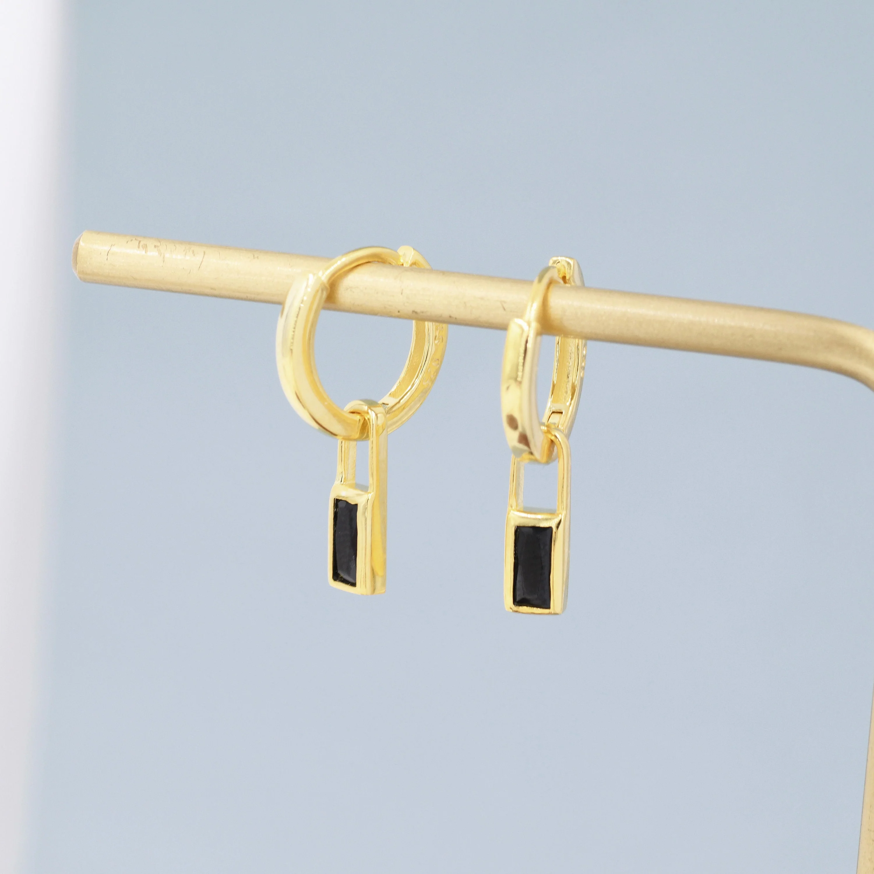 Black Baguette Cut CZ Huggie Hoop in Sterling Silver, Silver or Gold, CZ Minimalist Hoop Earrings, Detachable and Interchangeable - Image 6