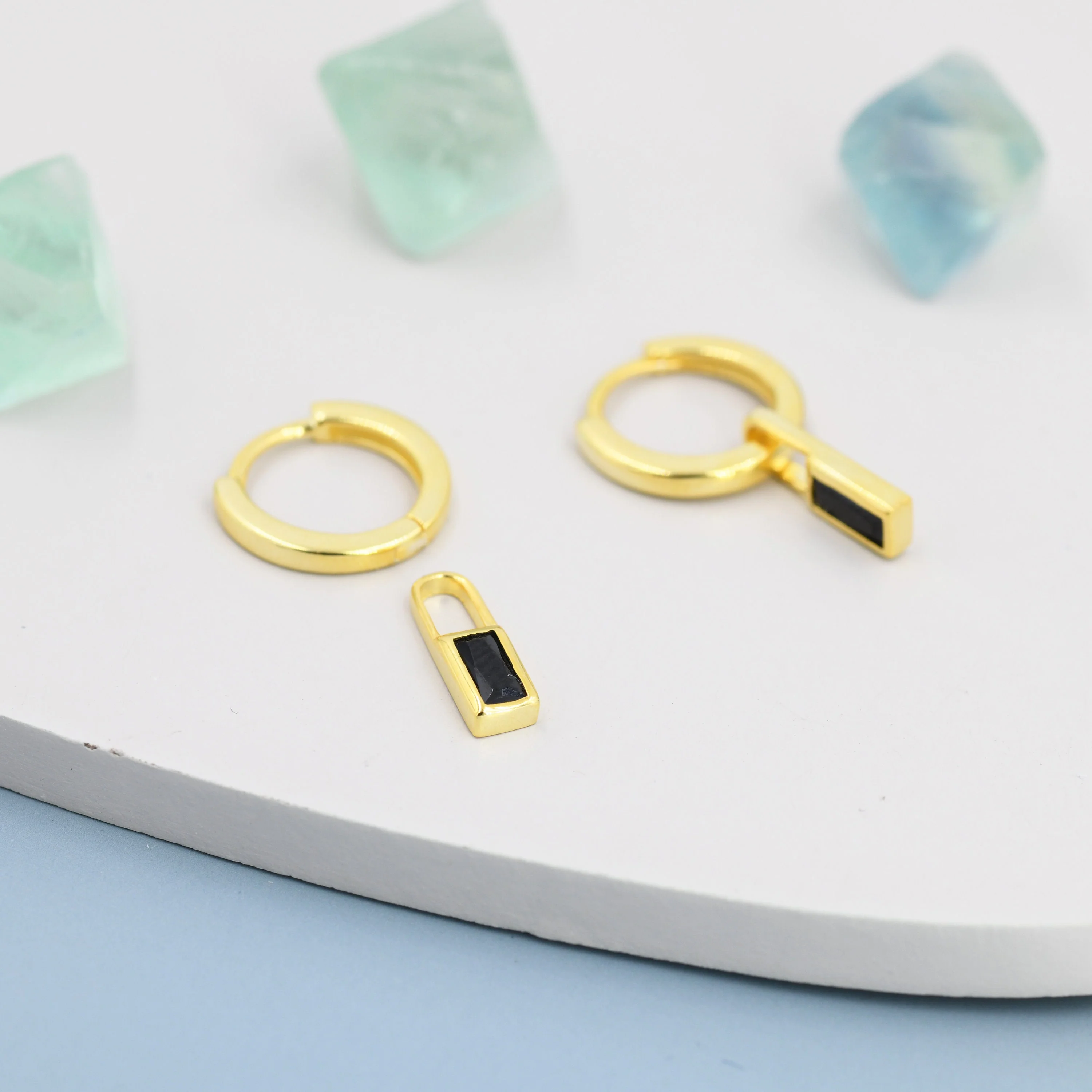 Black Baguette Cut CZ Huggie Hoop in Sterling Silver, Silver or Gold, CZ Minimalist Hoop Earrings, Detachable and Interchangeable - Image 8