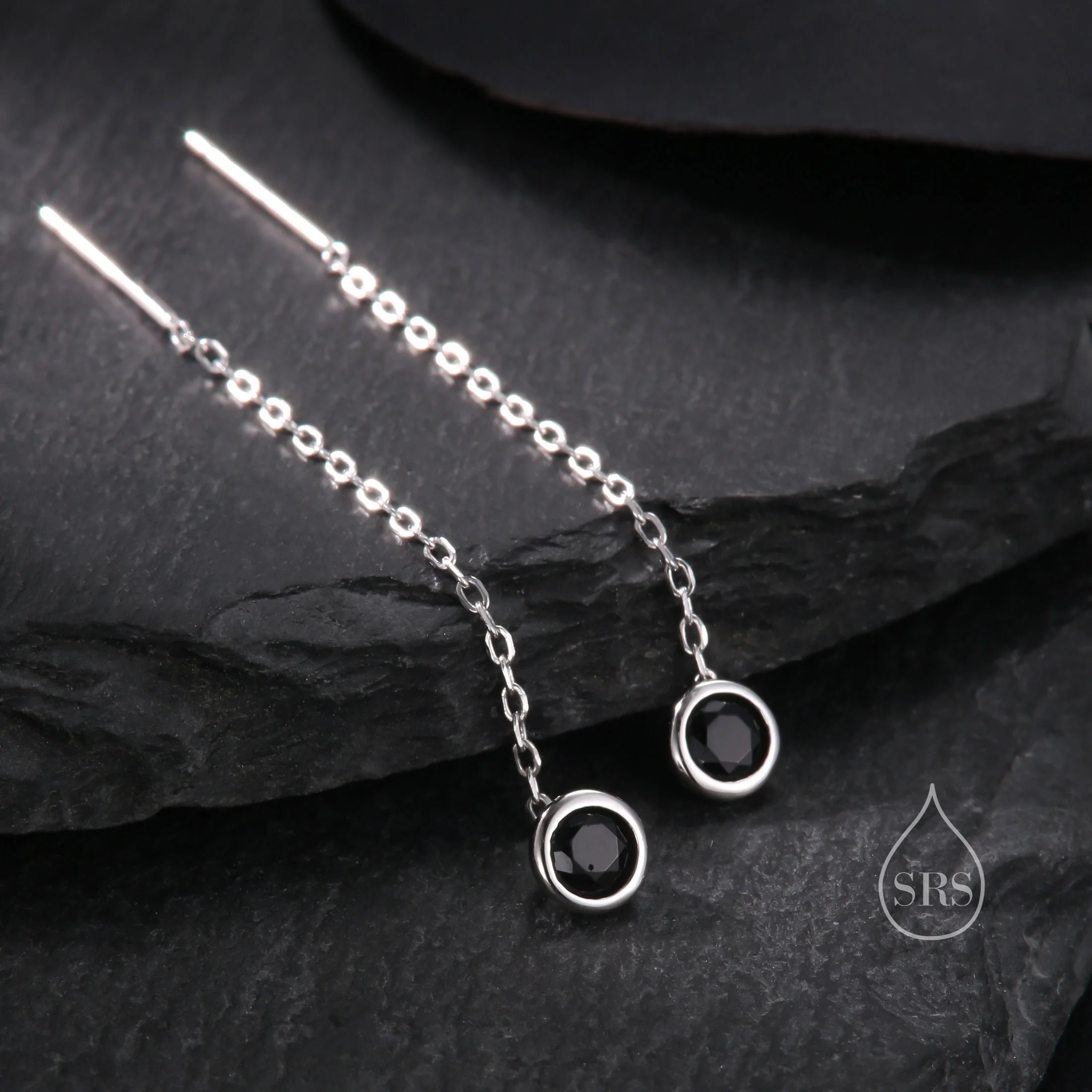Black Bezel  CZ Crystal Threader Earrings in Sterling Silver, Silver or Gold, Minimalist 4mm Crystal Ear Threaders, Threader Ear Jackets - Image 6