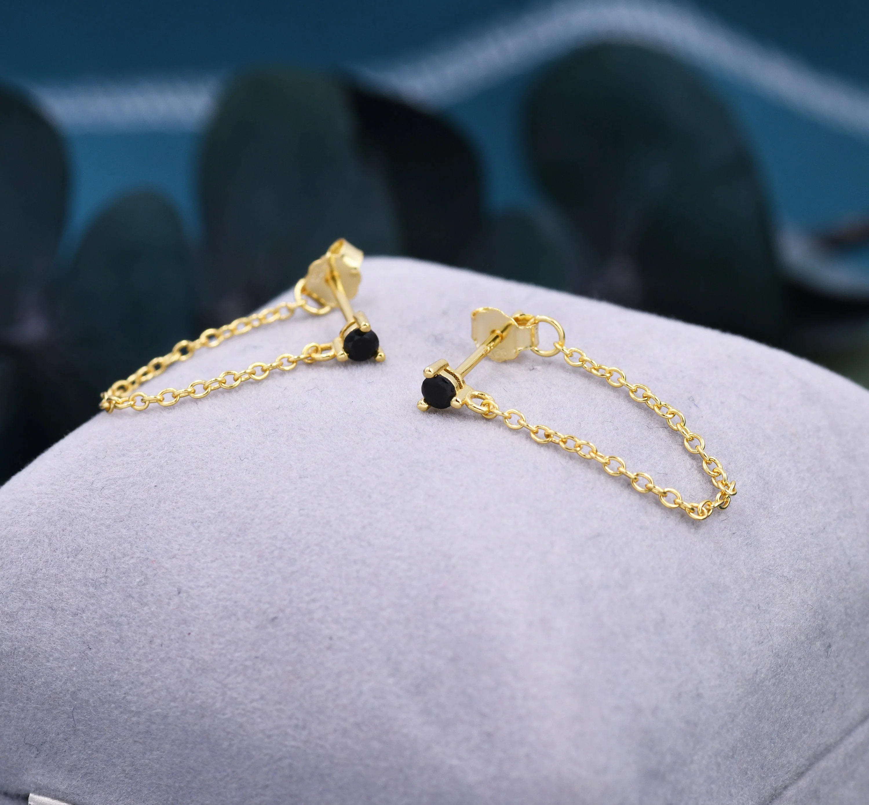 Black CZ and Chain Ear Jacket in Sterling Silver, Silver or Gold, Front and Back Earrings, Two Part Earrings, CZ with Linking Chain Earring - Image 9