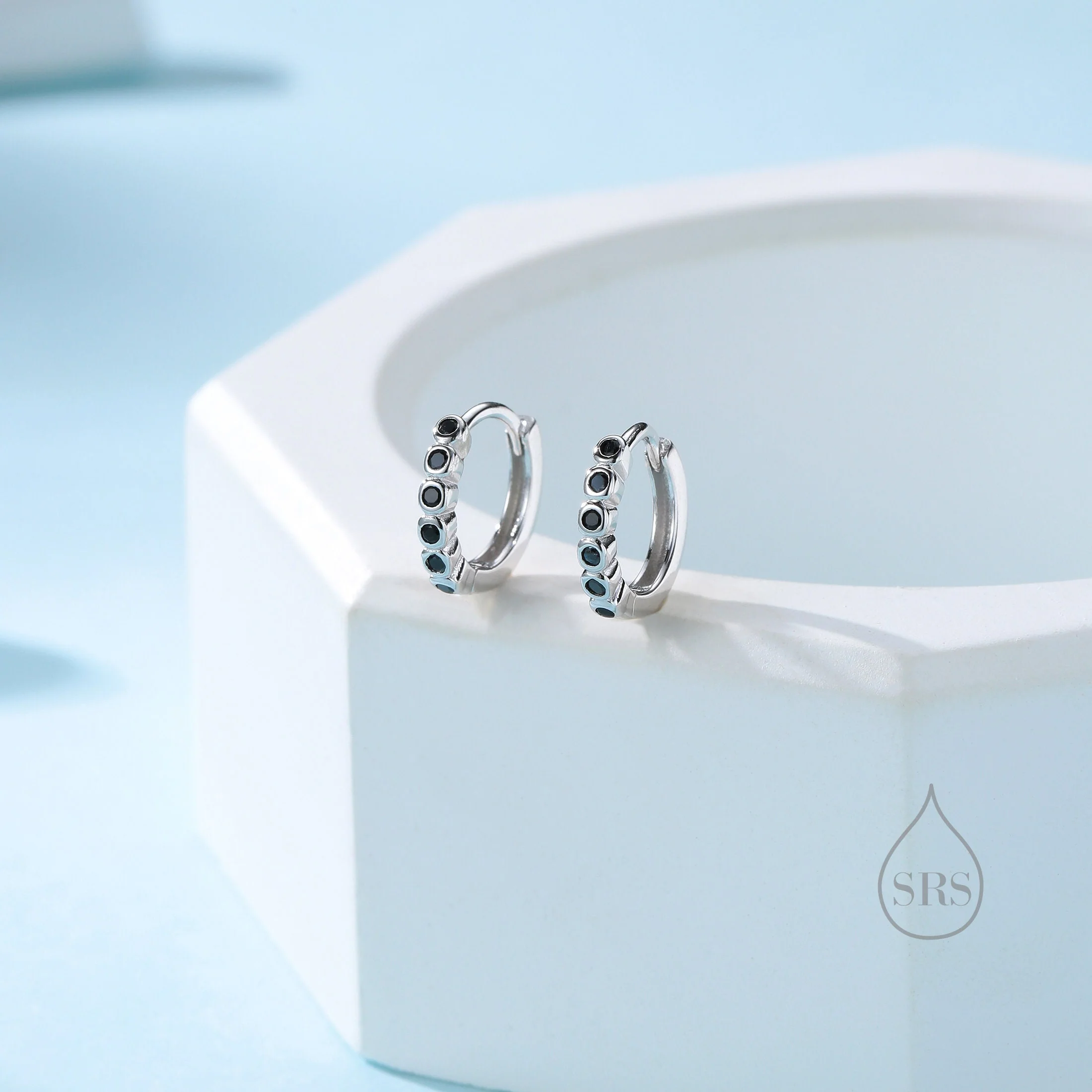 Black CZ Bezel Huggie Hoop in Sterling Silver, 8mm,  Black CZ Hoops, Minimalist Simple Hoop Earrings, Black Hoops with Black CZ - Image 2