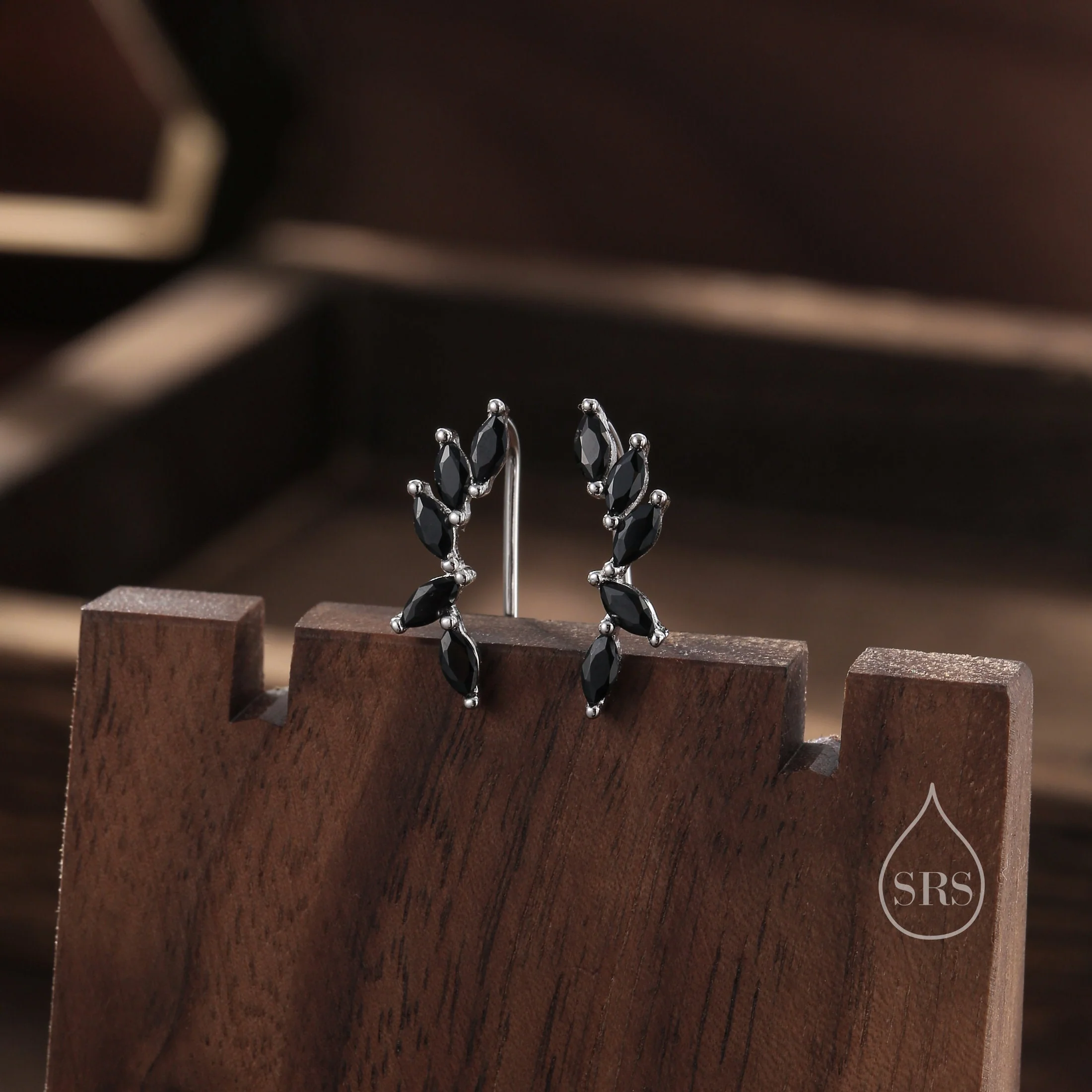 Black CZ Cluster Crawler Earrings in Sterling Silver, Silver or Gold, Black CZ Marquise Ear Crawlers, CZ Cluster Earrings - Image 3