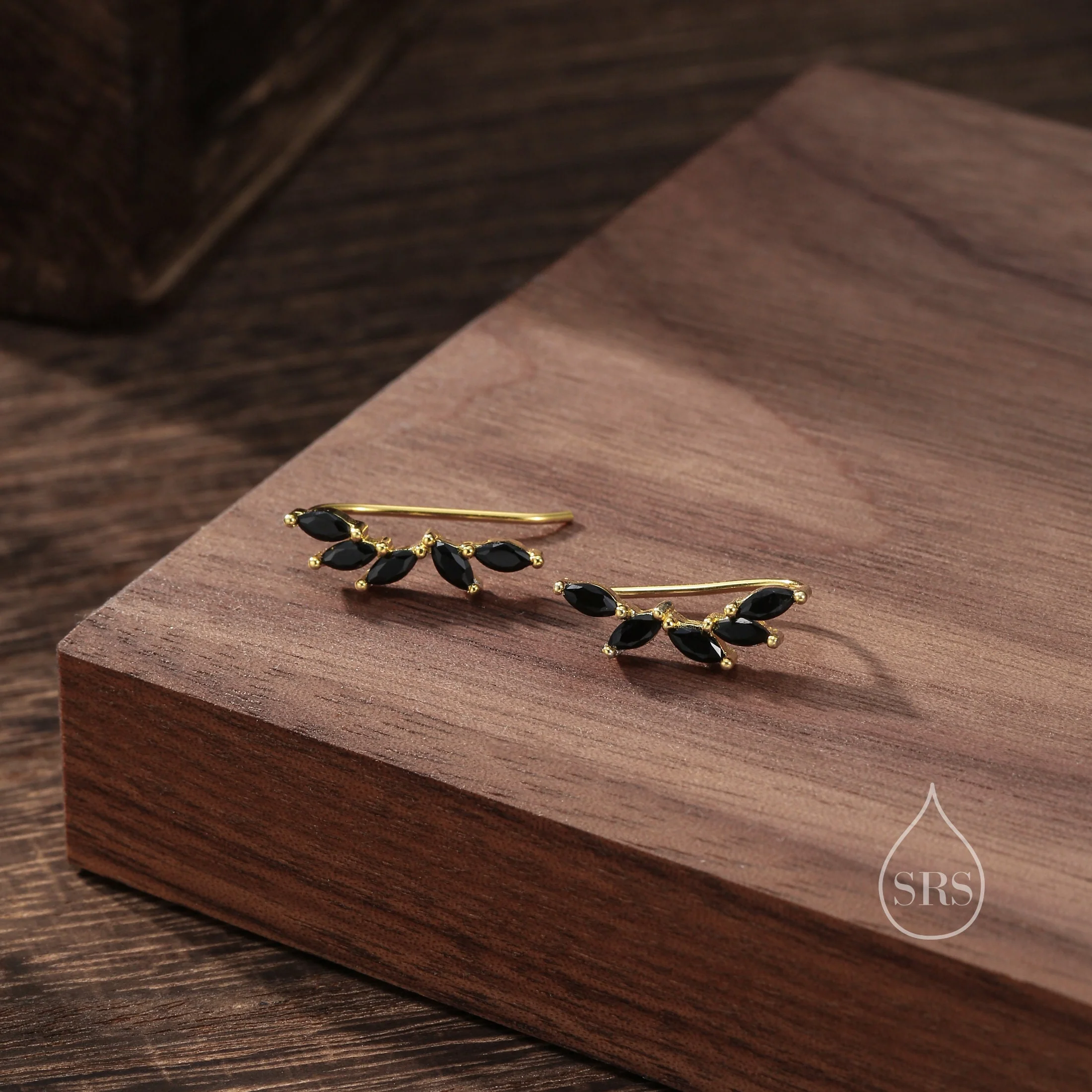 Black CZ Cluster Crawler Earrings in Sterling Silver, Silver or Gold, Black CZ Marquise Ear Crawlers, CZ Cluster Earrings - Image 6