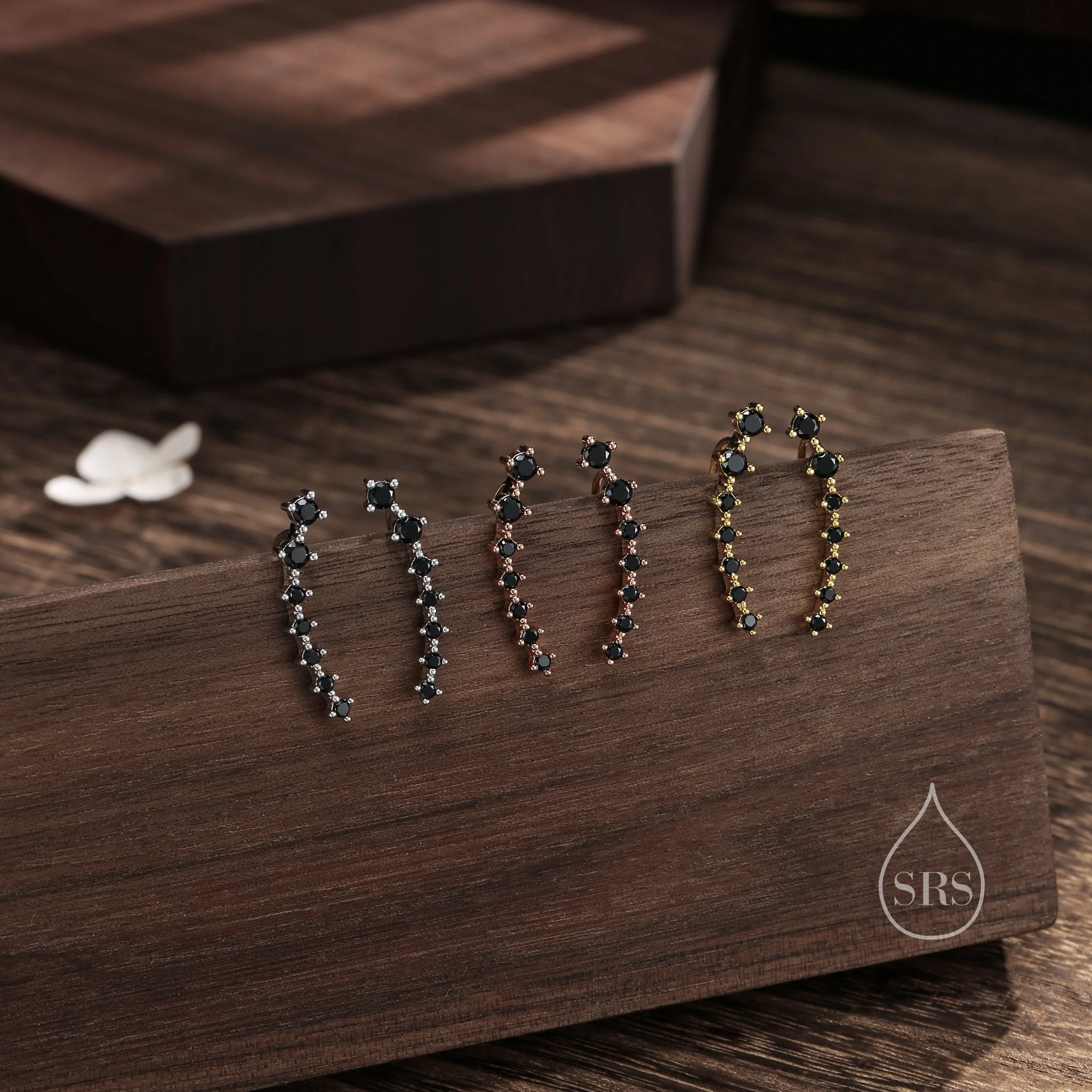Black CZ Cluster Crawler Earrings in Sterling Silver, Silver or Gold or Rose Gold, Black CZ Ear Crawlers, CZ Cluster Earrings - Image 6