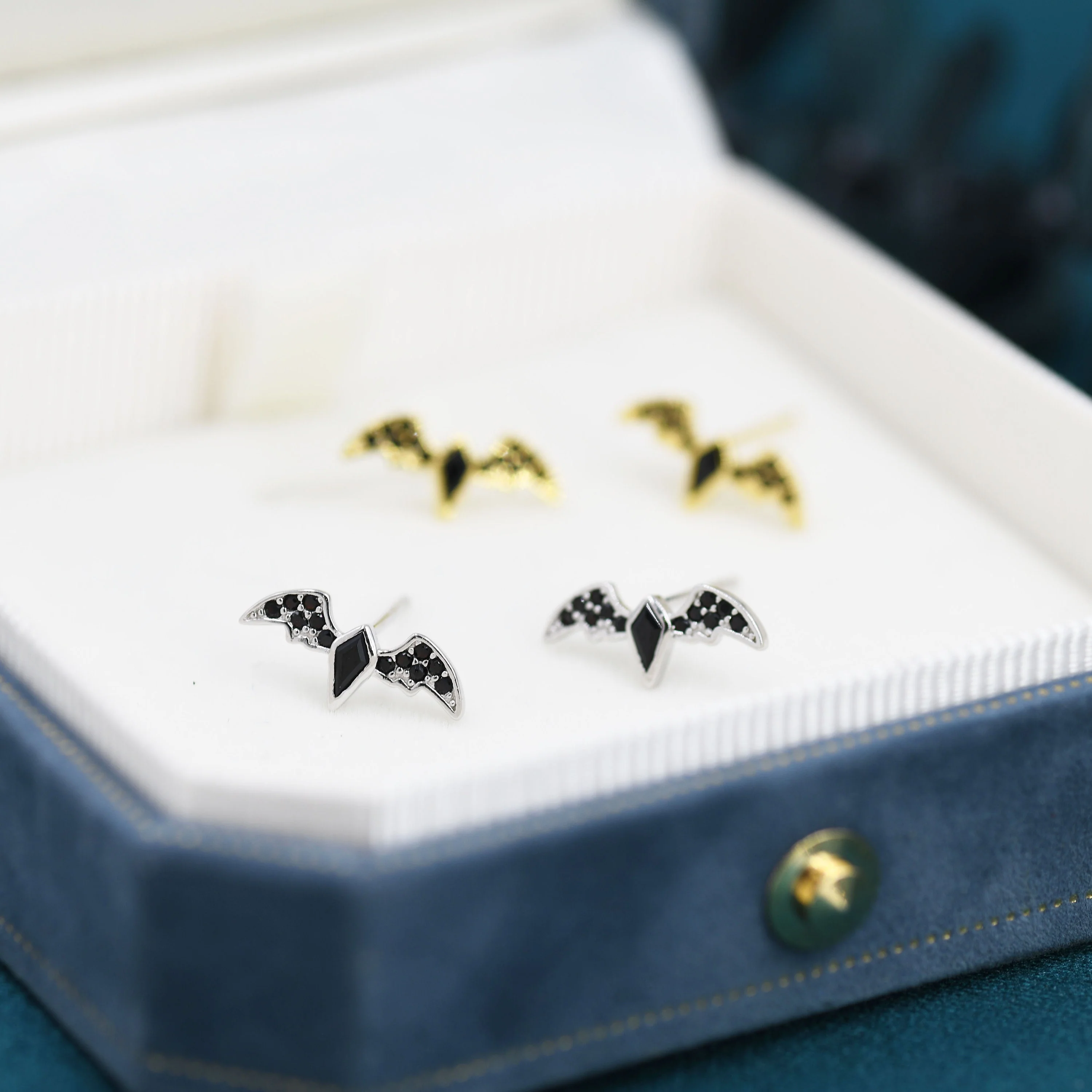 Black CZ Crystal Bat Stud Earrings in Sterling Silver, Silver or Gold, Rhombus Bat Earrings, Stacking Earrings, Animal Earrings - Image 4