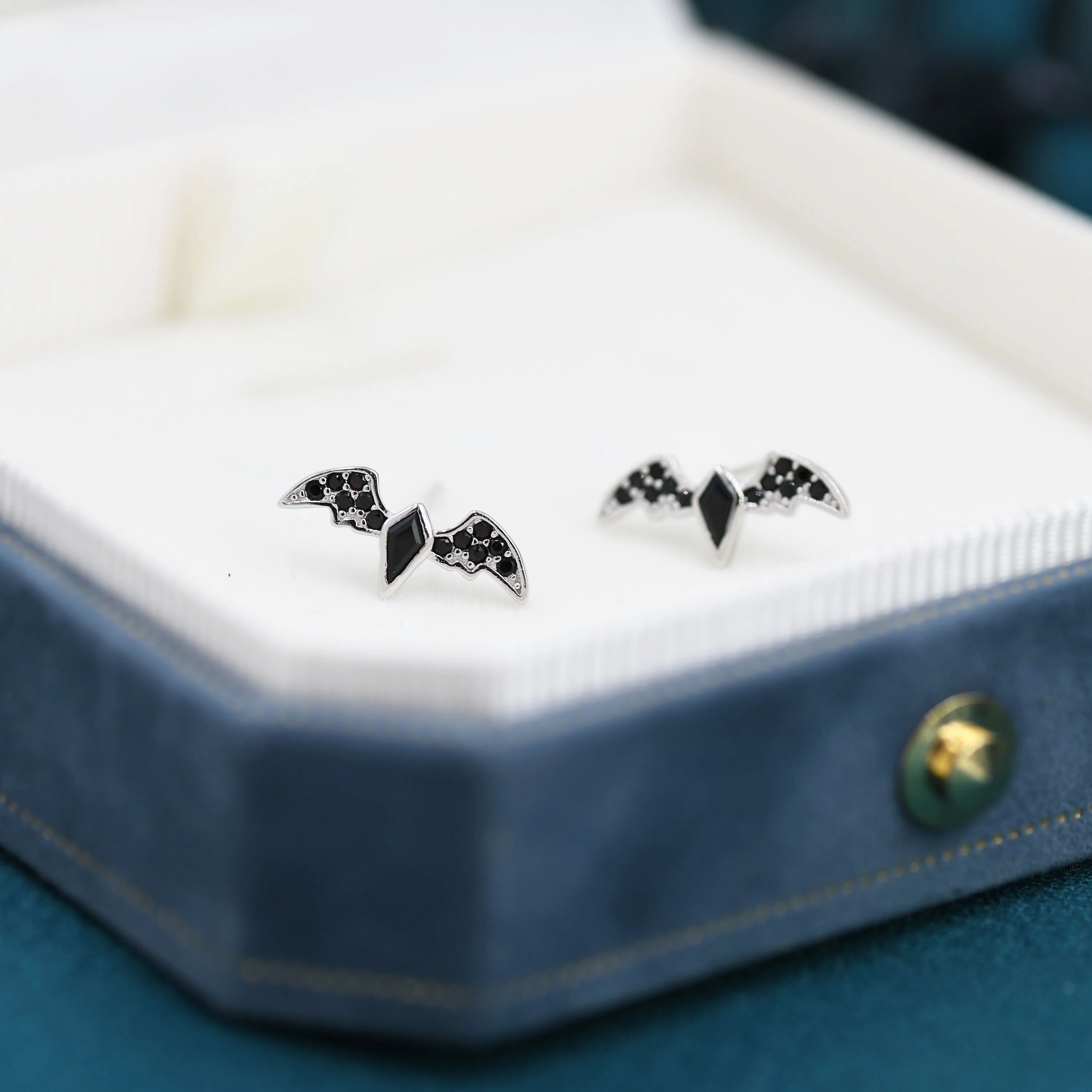 Black CZ Crystal Bat Stud Earrings in Sterling Silver, Silver or Gold, Rhombus Bat Earrings, Stacking Earrings, Animal Earrings - Image 5