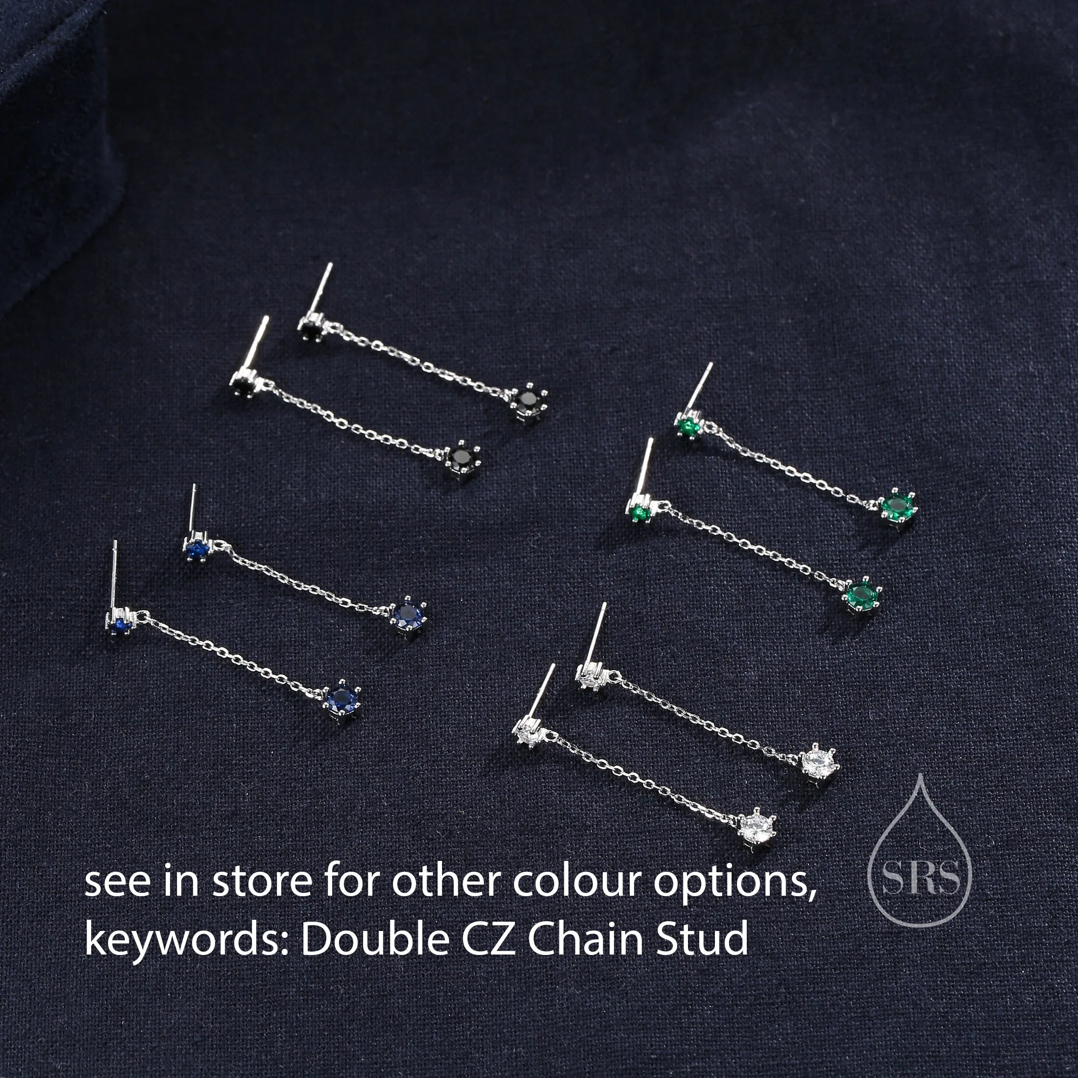 Black CZ Dangle Chain Stud Drop Earrings in Sterling Silver, Silver or Gold, Geometric Double CZ Chain Earrings, CZ Long Drop Earrings - Image 10