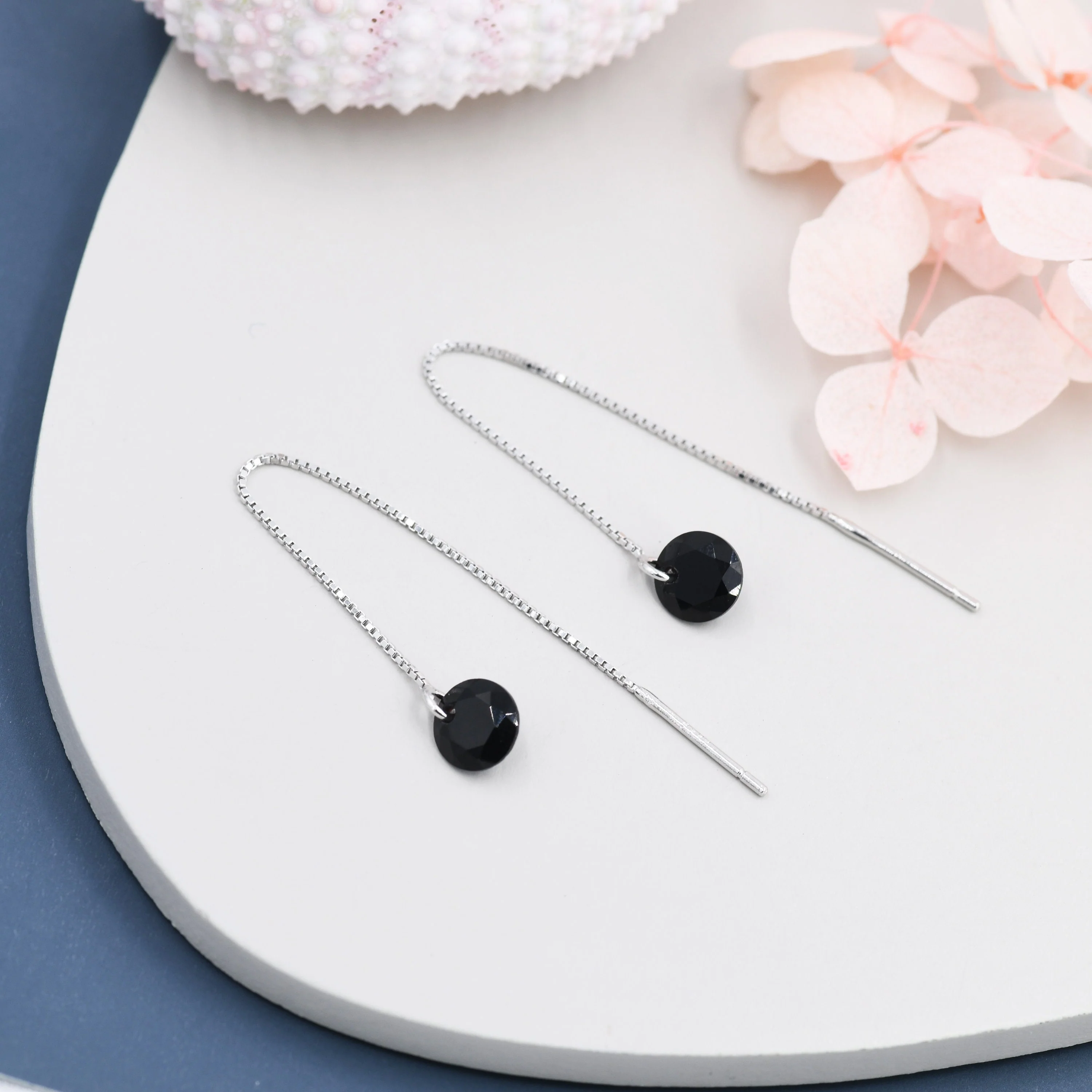 Black CZ Dot Threader Earrings in Sterling Silver, Minimalist Ear Threaders, Black Diamond Threaders - Image 2