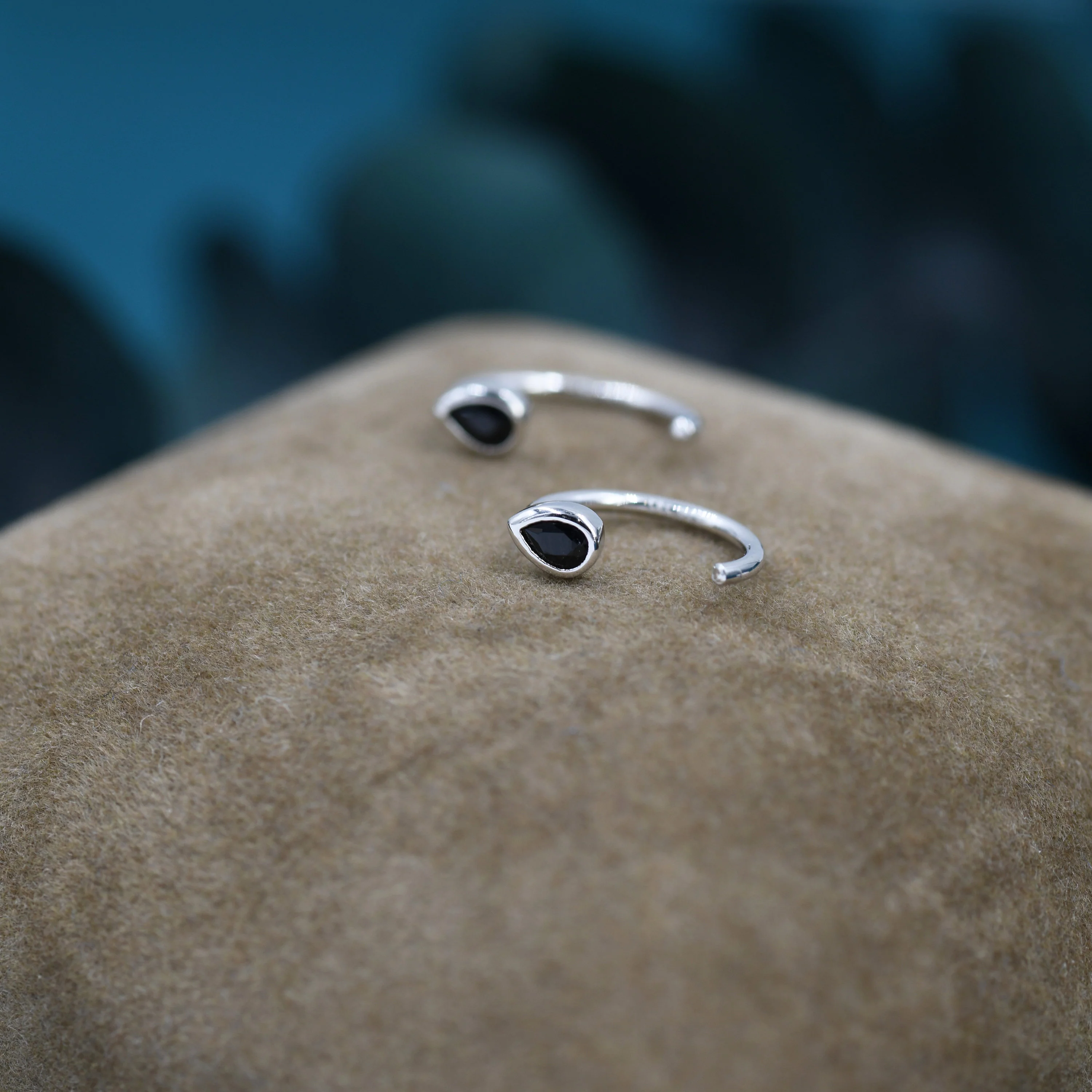 Black CZ Droplet Huggie Hoop Earrings in Sterling Silver, Tiny Black CZ Pear Cut Open Hoops, Pull Through Threaders, Half Hoops, C Shape - Image 5