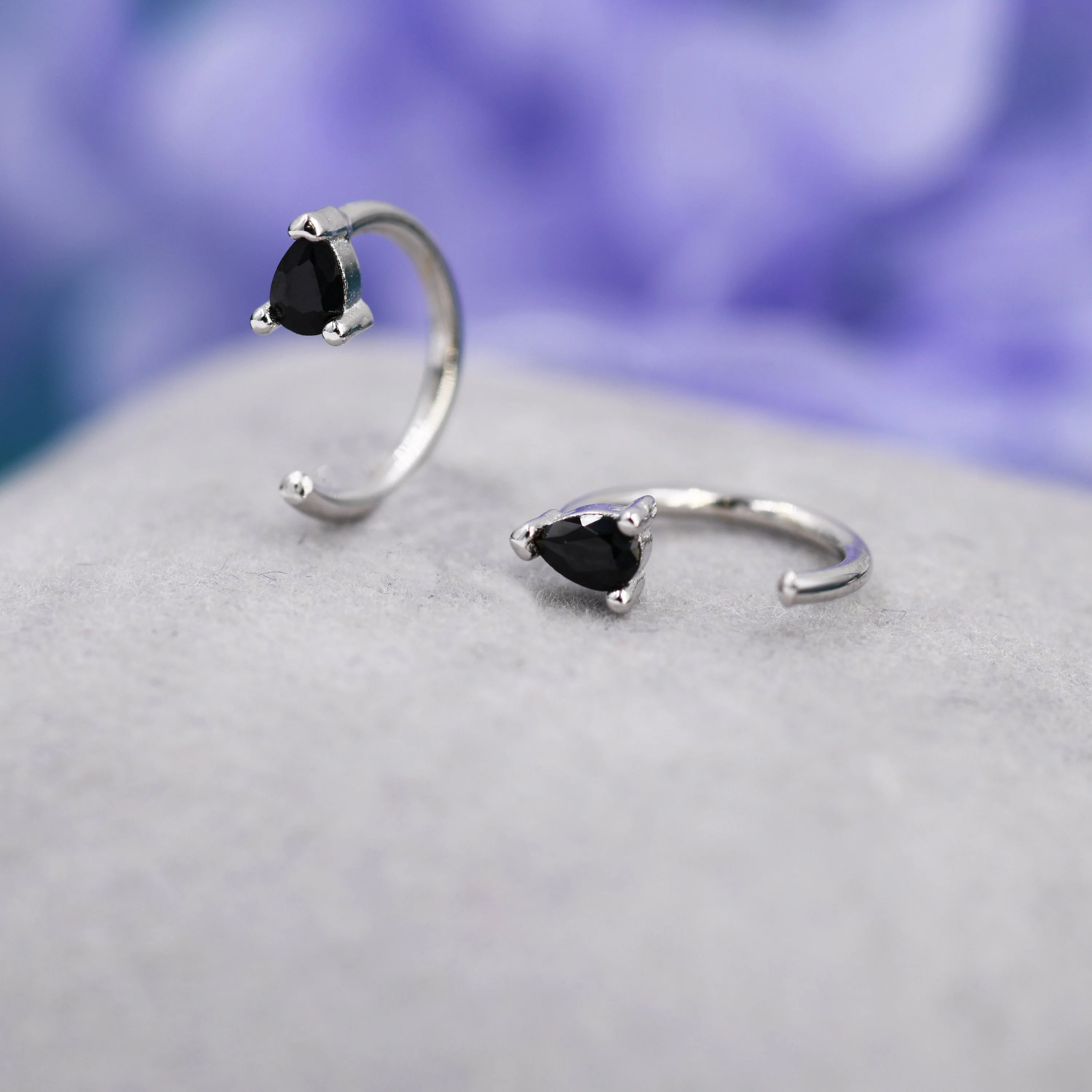 Black CZ Droplet Huggie Hoop Earrings in Sterling Silver, Tiny Pear Cut CZ Open Hoops, Pull Through Threaders, Half Hoops - Image 3