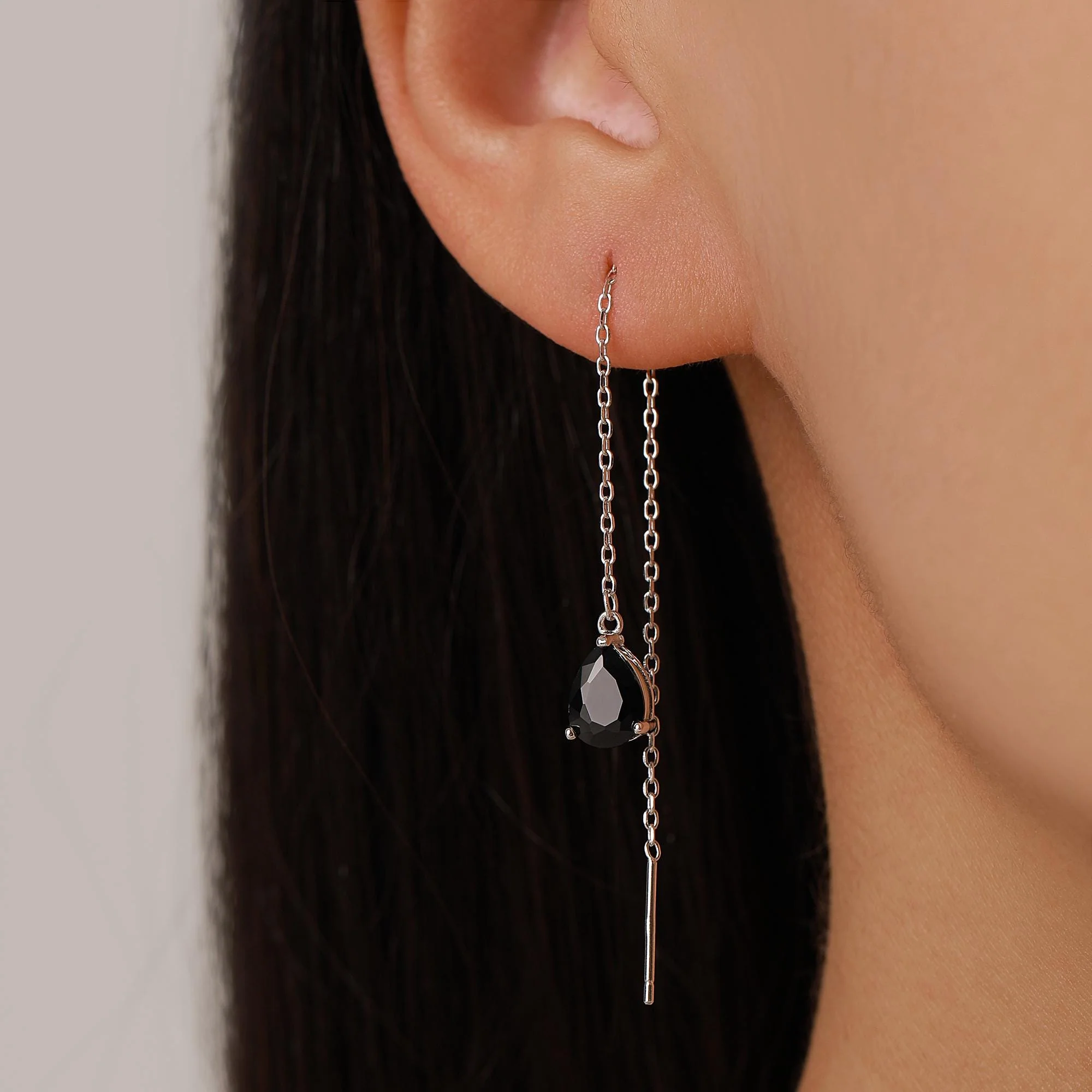 Black CZ Droplet Threader Earrings in Sterling Silver - Image 7