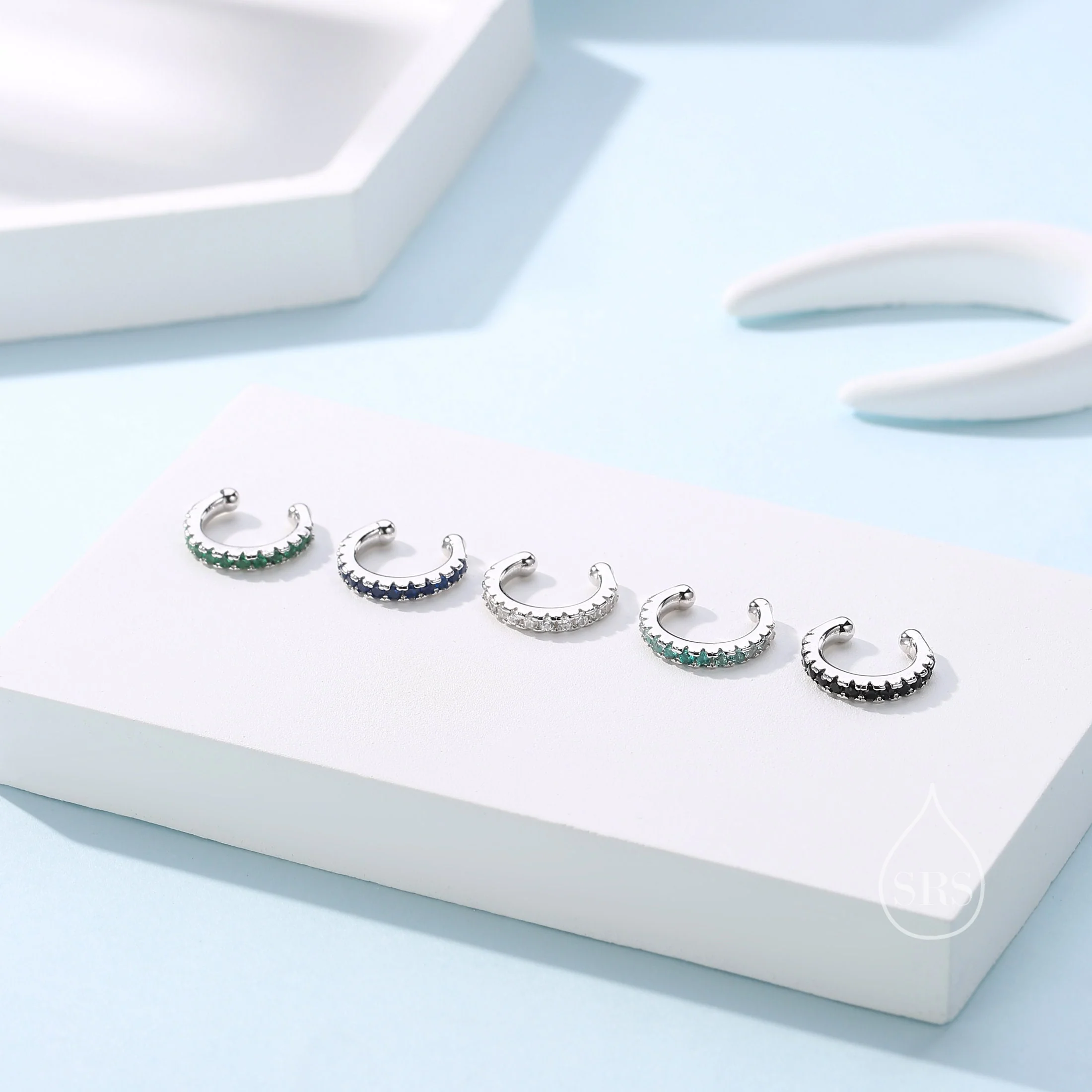 Black CZ Ear Cuff in Sterling Silver, Silver or Gold, Minimal Piercing Free Earrings, Minimalist Ear Cuff, Green CZ Ear Cuff - Image 9