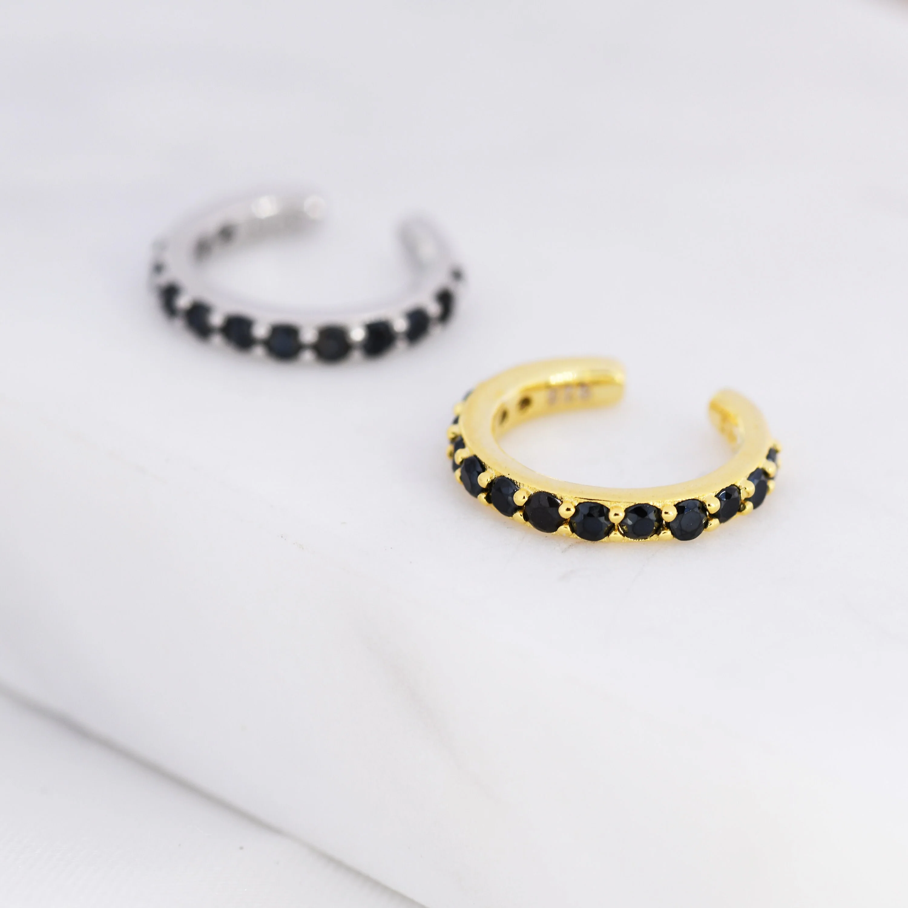 Black CZ Ear Cuff in Sterling Silver, Silver or Gold, Simple Piercing Free Earrings, Minimalist Ear Cuff, Black Diamond Ear Cuff - Image 2