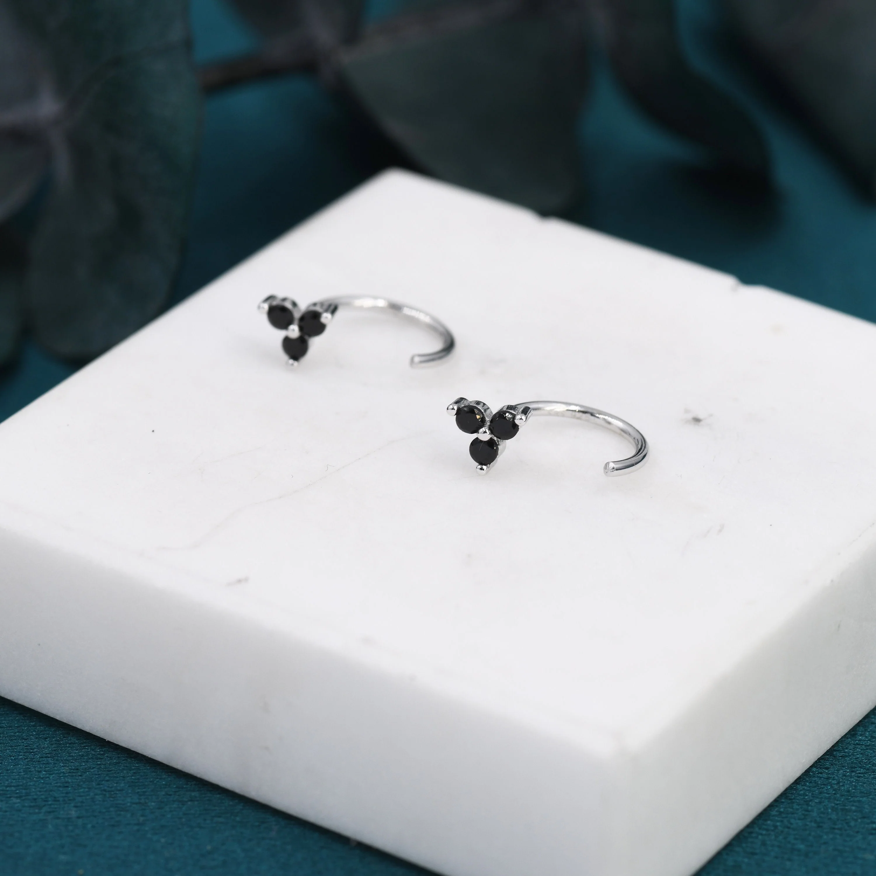 Black CZ Flower Huggie Hoop Earrings in Sterling Silver, Tiny Black CZ Trio Open Hoops, Pull Through Threaders, Half Hoops, C Shape - Image 5
