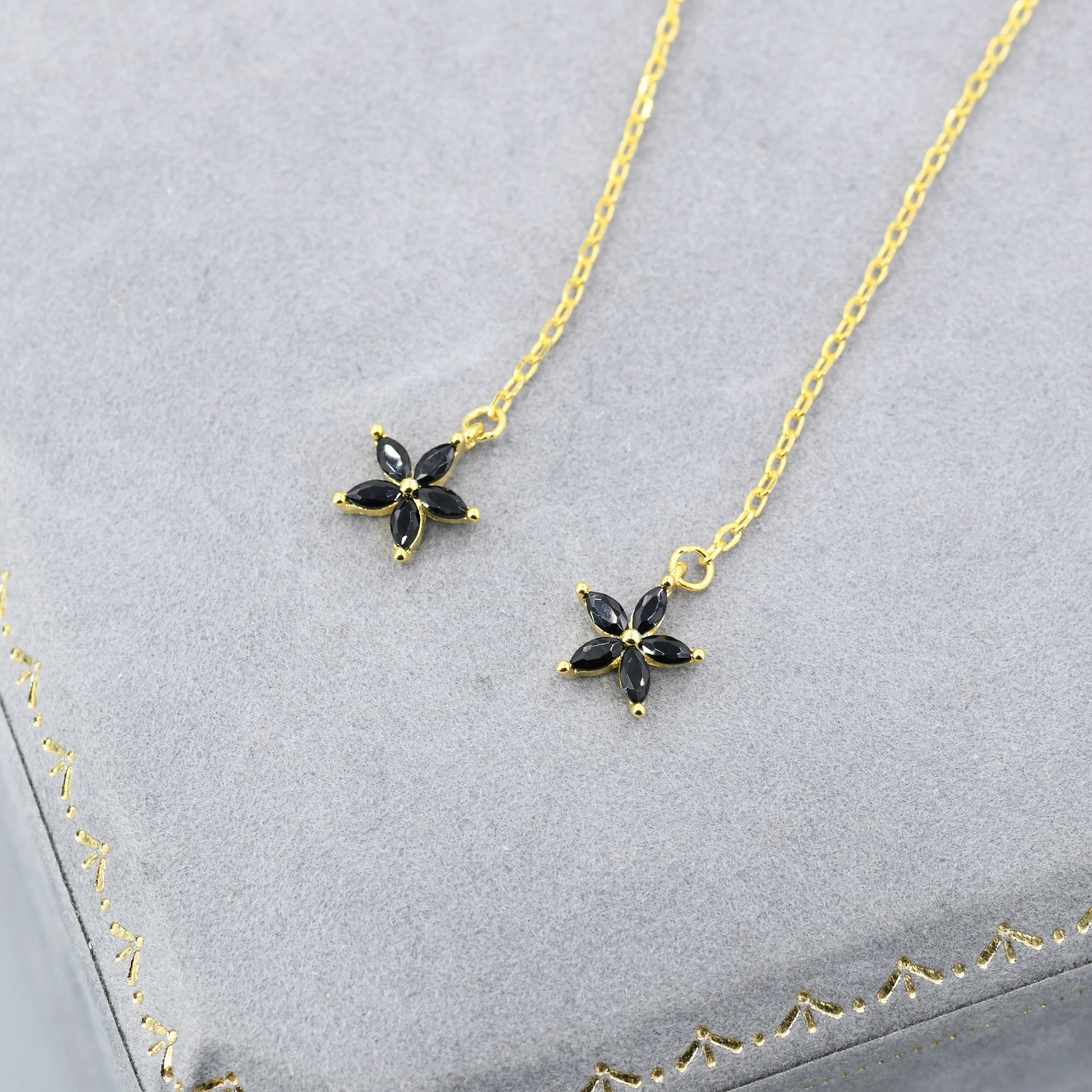 Black CZ Flower Threader Earrings in Sterling Silver, Silver or Gold, Forget-me-not Floral Ear Threaders, Sparkly CZ Threaders - Image 2