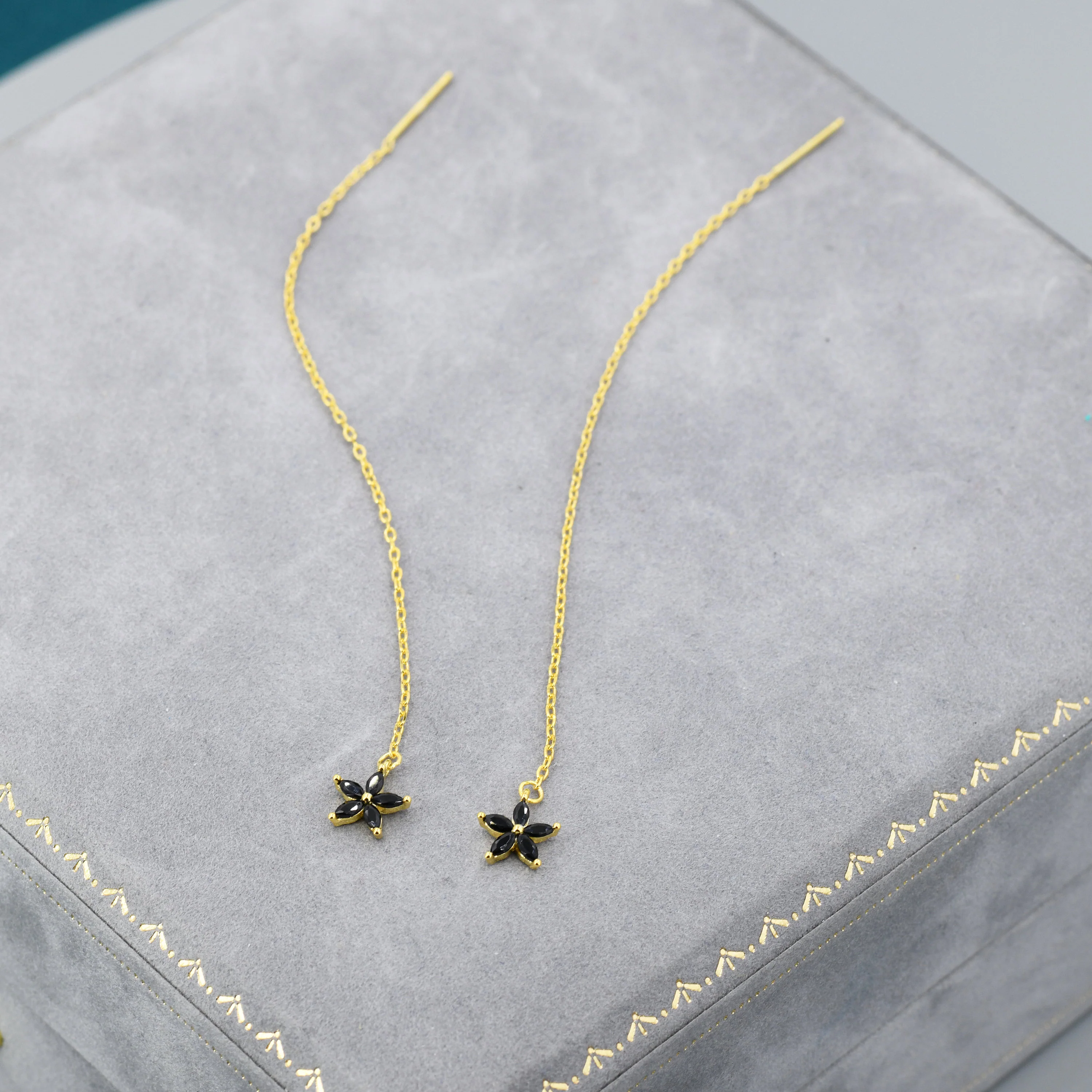 Black CZ Flower Threader Earrings in Sterling Silver, Silver or Gold, Forget-me-not Floral Ear Threaders, Sparkly CZ Threaders - Image 4