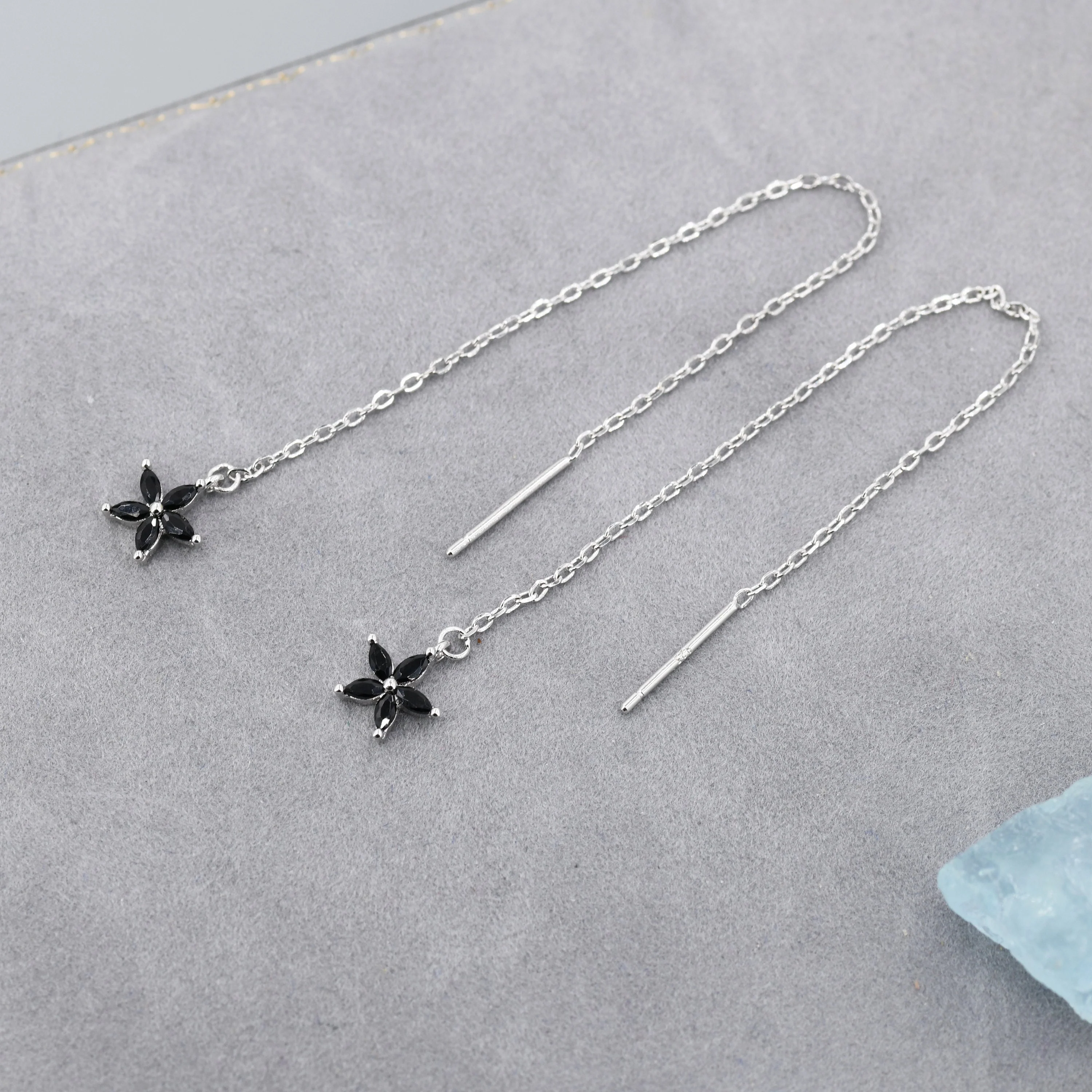 Black CZ Flower Threader Earrings in Sterling Silver, Silver or Gold, Forget-me-not Floral Ear Threaders, Sparkly CZ Threaders - Image 5
