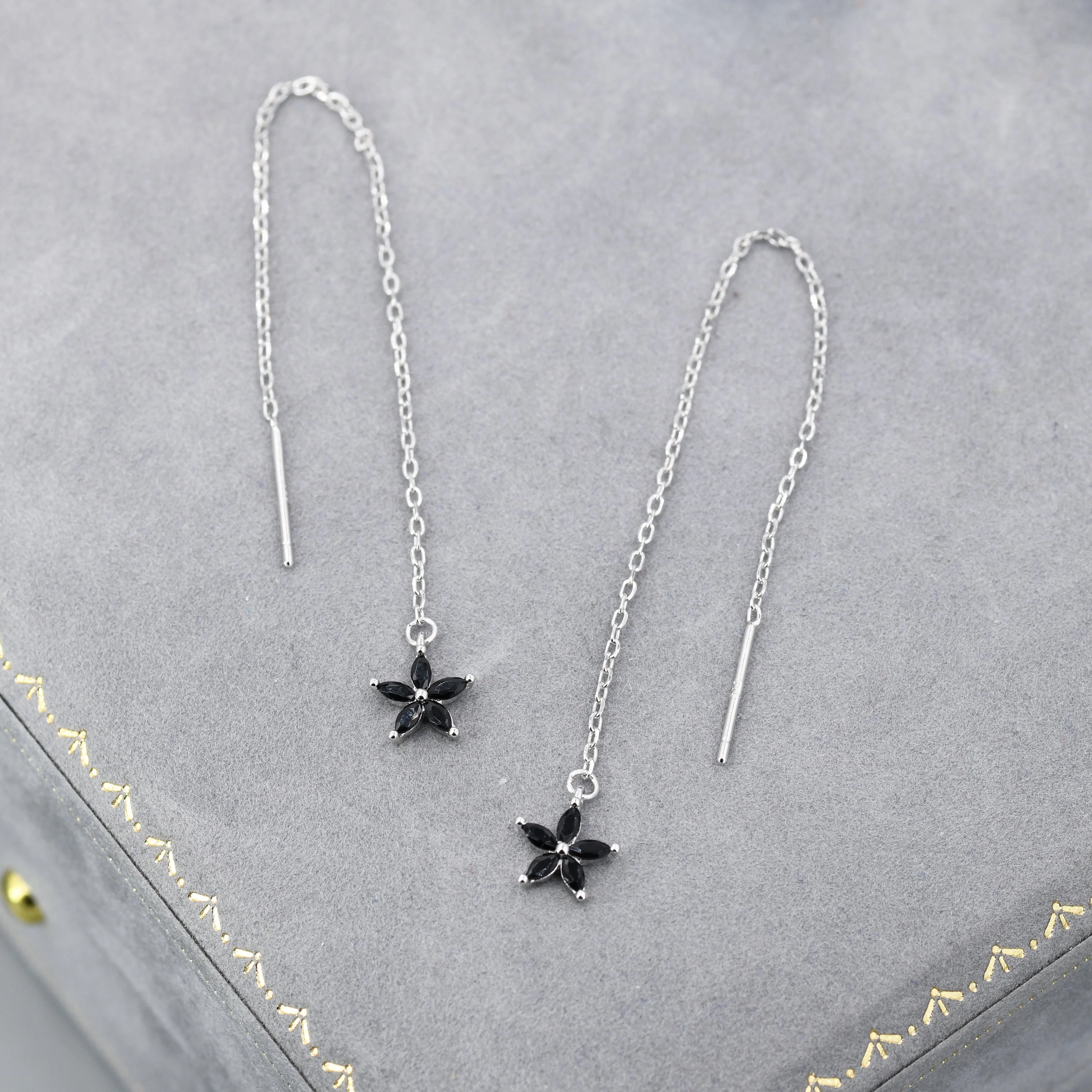 Black CZ Flower Threader Earrings in Sterling Silver, Silver or Gold, Forget-me-not Floral Ear Threaders, Sparkly CZ Threaders - Image 6