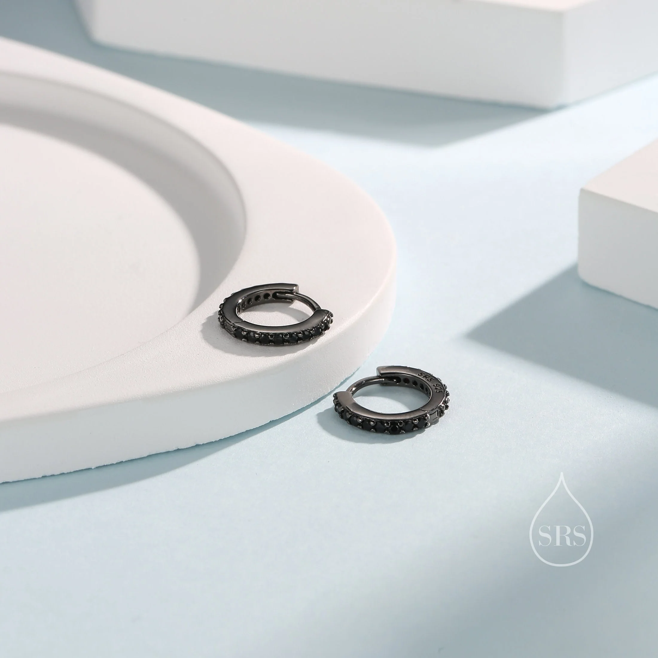 Black CZ Huggie Hoop in Sterling Silver, 6mm or 8mm, Black Rhodium Coated Hoops, Minimalist Simple Hoop Earrings, Black Hoops with Black CZ - Image 2