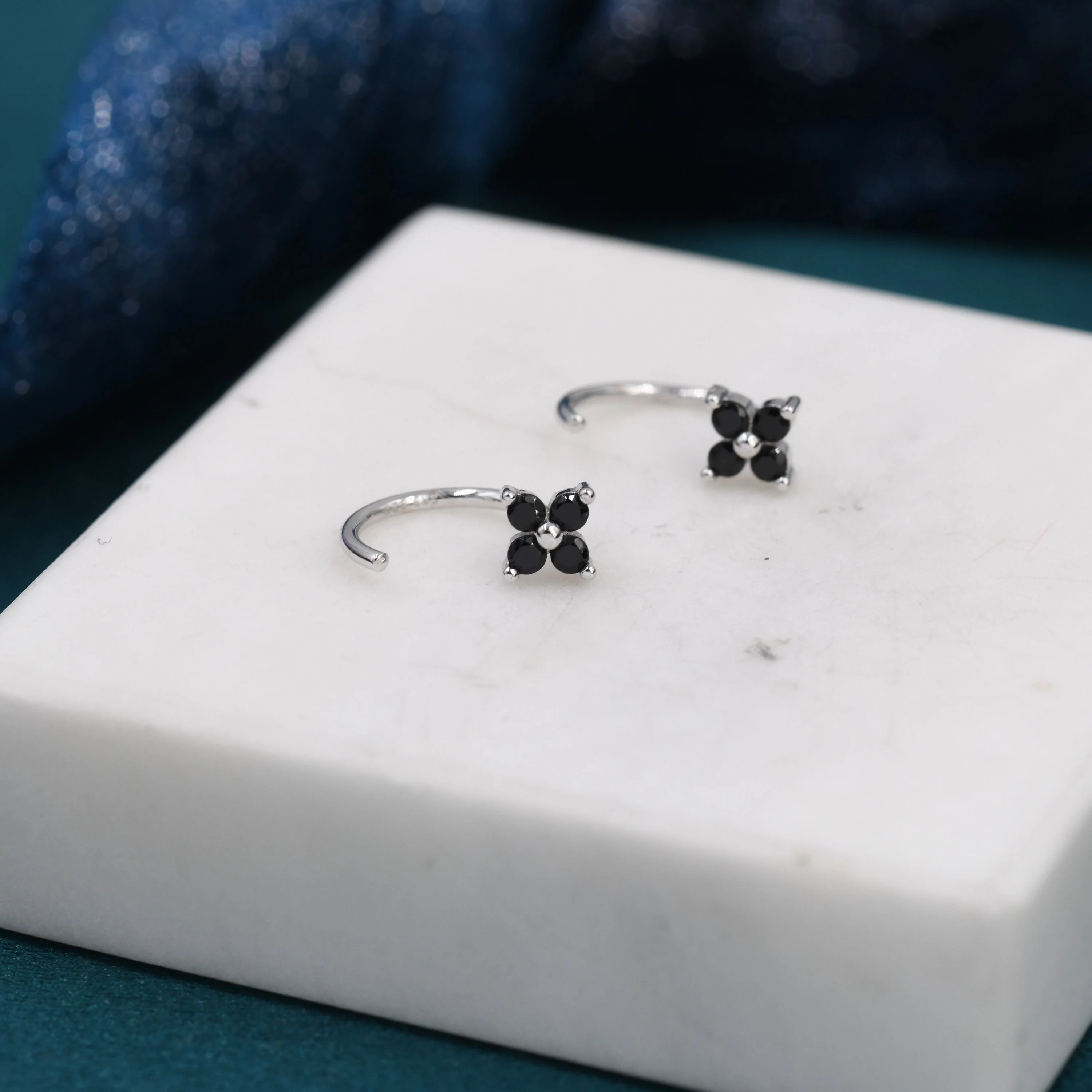 Black CZ Hydrangea Flower Huggie Hoop Earrings in Sterling Silver, Tiny Black CZ Flower Open Hoops, Pull Through Threaders, Half Hoops - Image 3