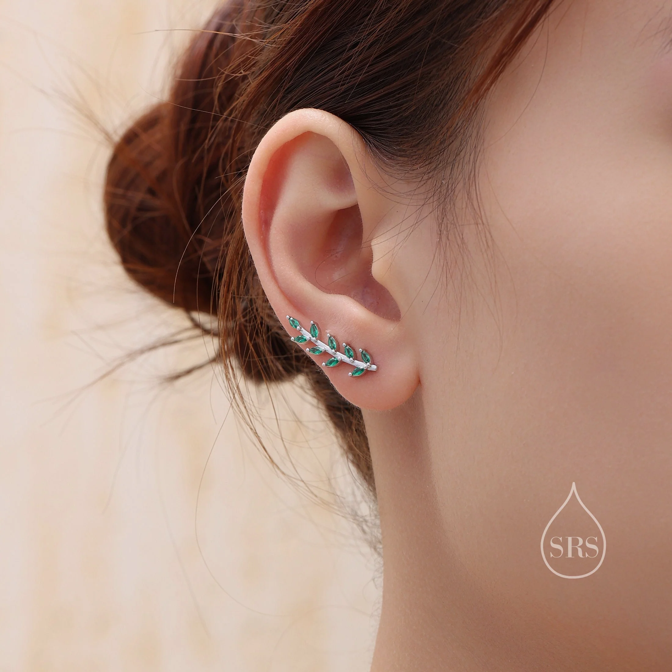 Black CZ Leaf Crawler Earrings in Sterling Silver, Silver, Gold or Rose Gold, Olive Branch Climber Earrings, Nature Inspired Earring - Image 6