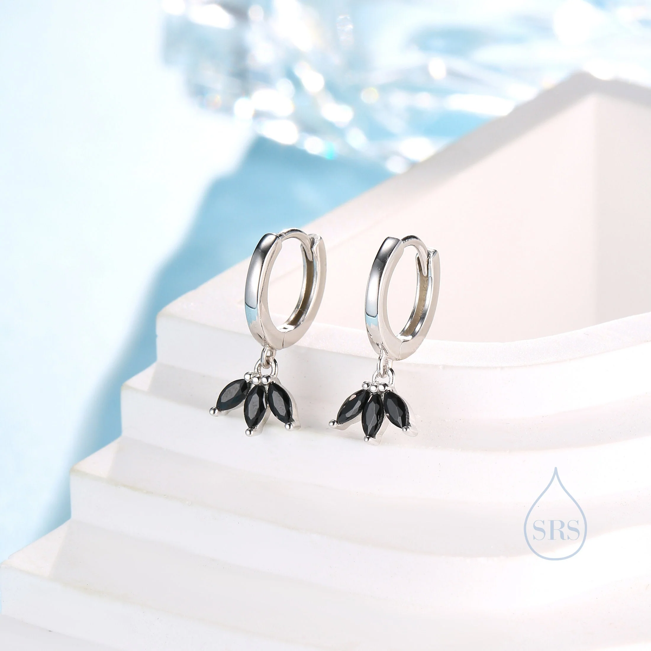 Black CZ Marquise Crown Huggie Hoop Earrings in Sterling Silver, Silver or Gold, Geometric Hoop Earrings - Image 2