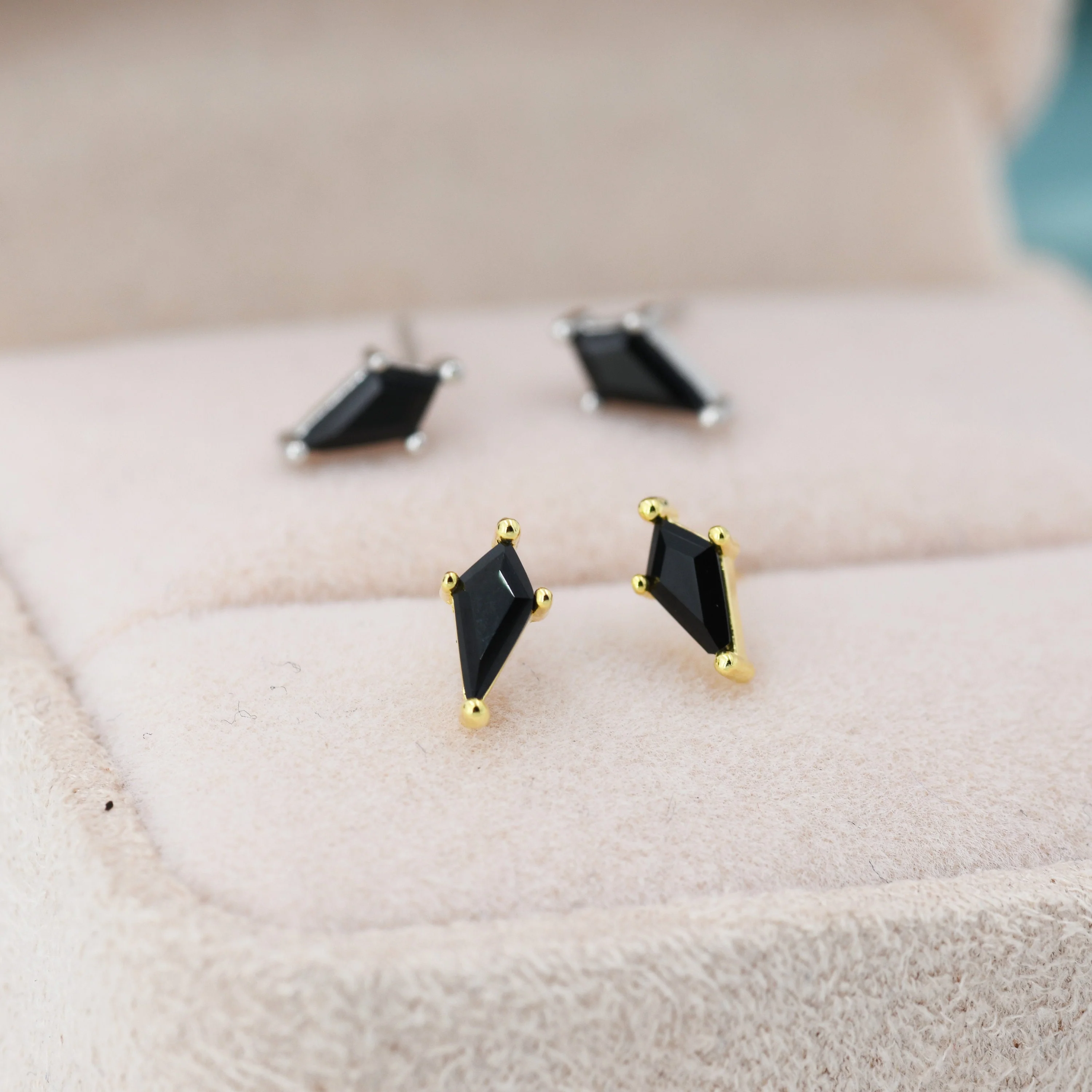 Extra Tiny Black CZ Rhombus Stud Earrings in Sterling Silver, Silver or Gold, Kite Shape Crystal Earrings, Stacking Earrings - Image 3