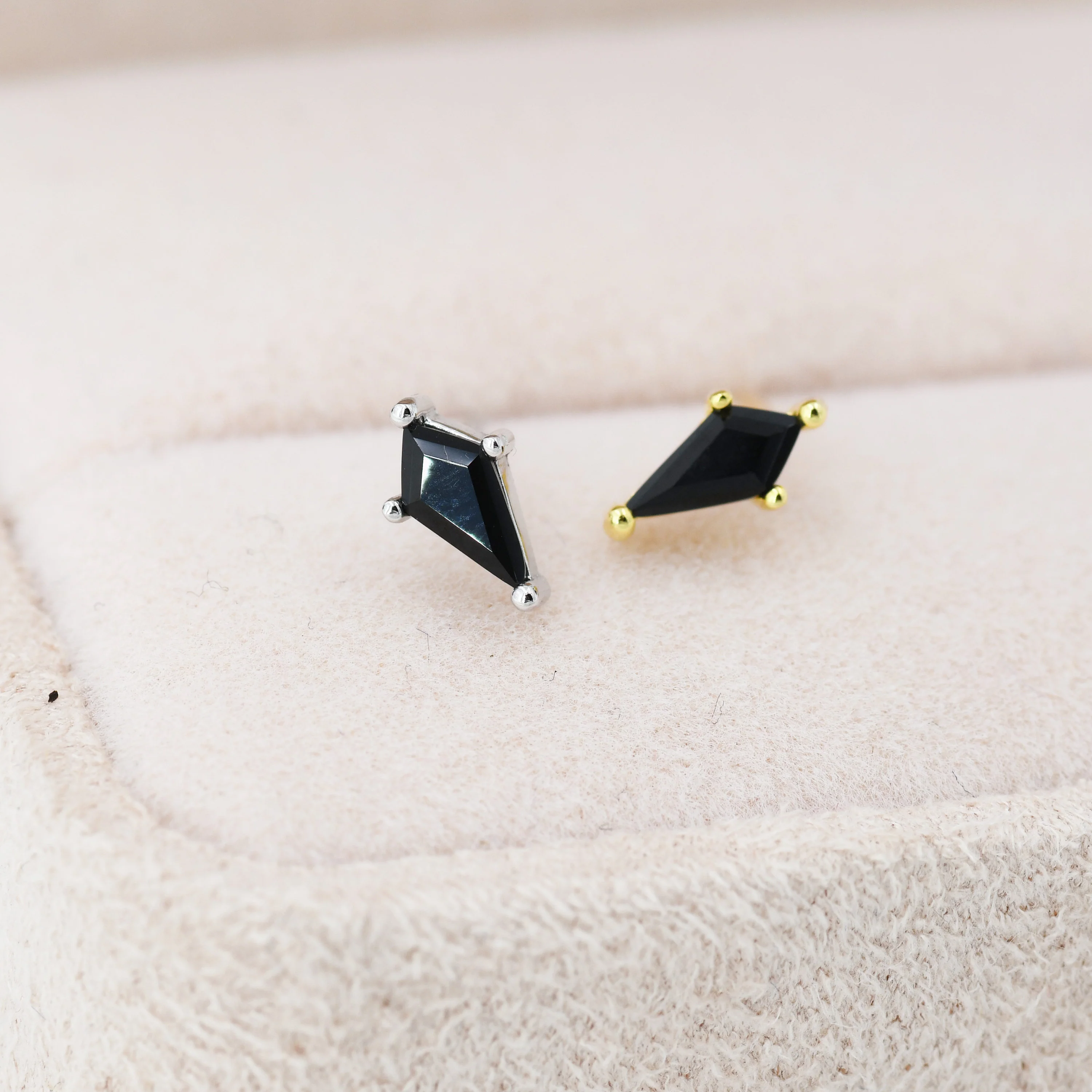 Extra Tiny Black CZ Rhombus Stud Earrings in Sterling Silver, Silver or Gold, Kite Shape Crystal Earrings, Stacking Earrings - Image 4