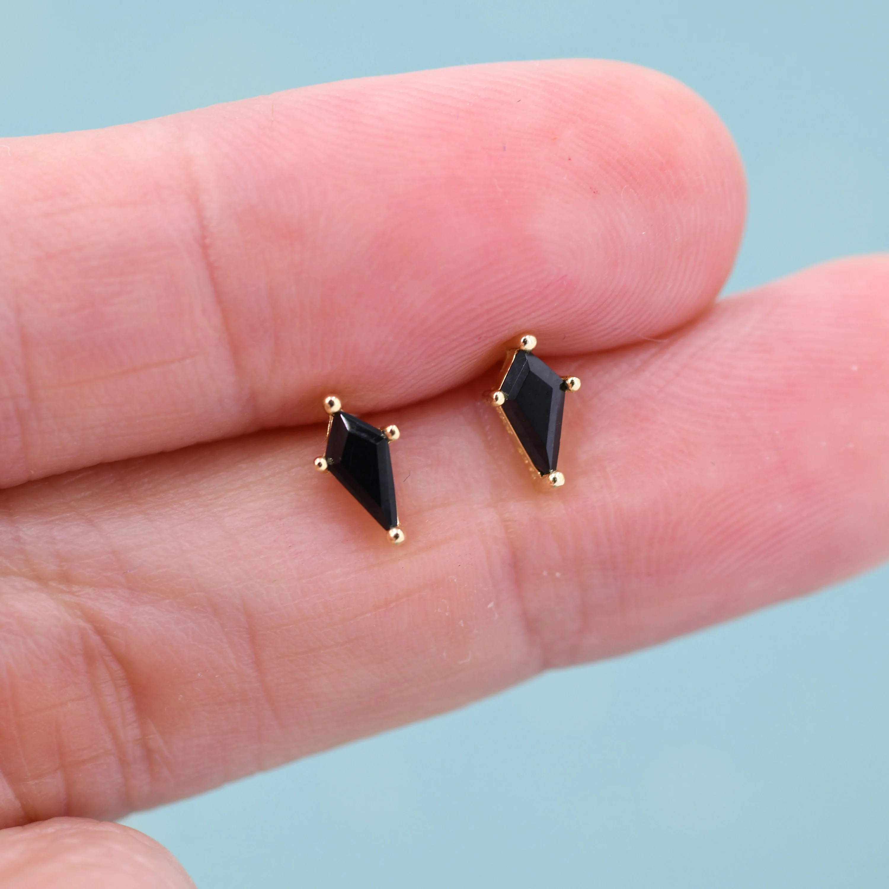 Extra Tiny Black CZ Rhombus Stud Earrings in Sterling Silver, Silver or Gold, Kite Shape Crystal Earrings, Stacking Earrings - Image 7