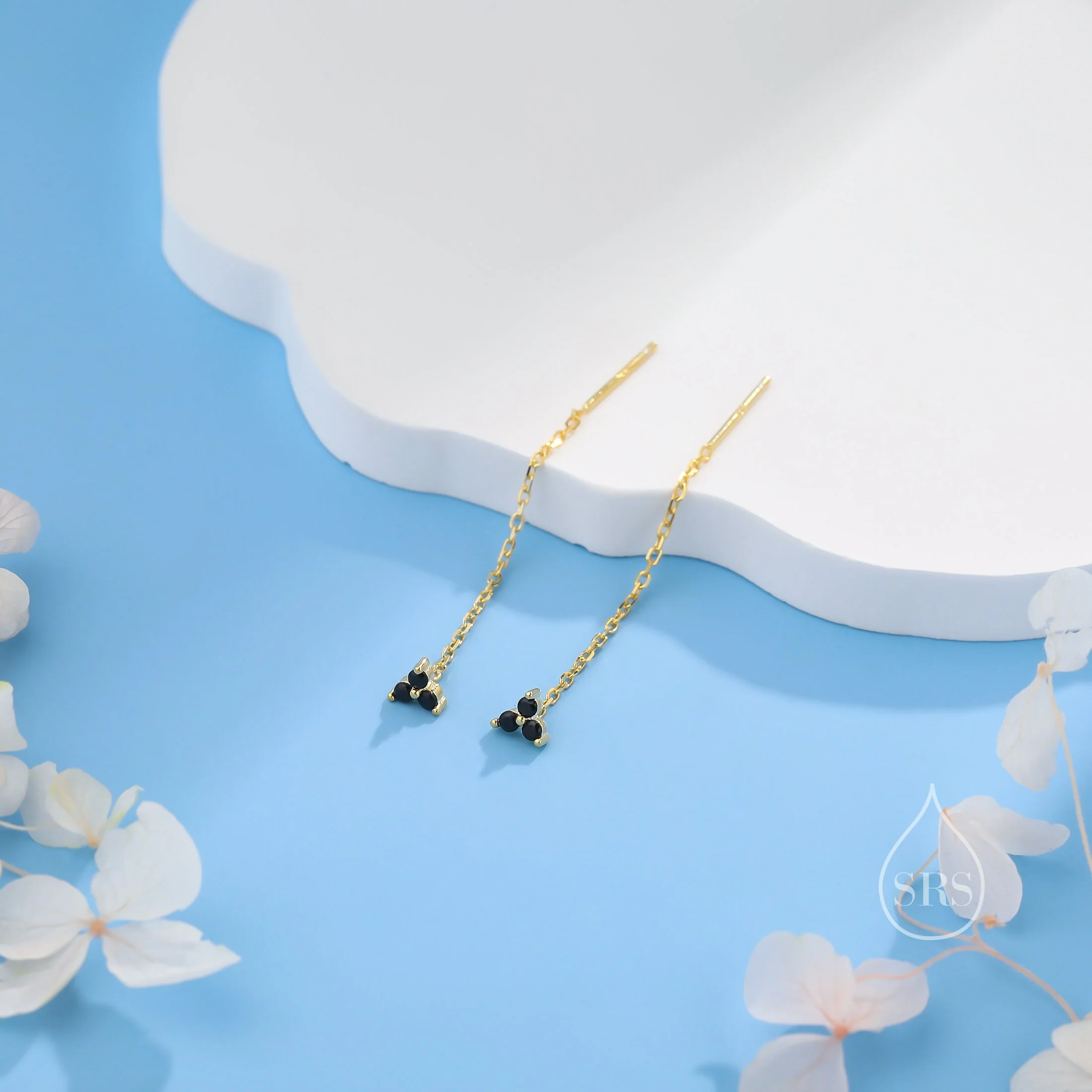 Black CZ Trio Flower Threader Earrings in Sterling Silver, Silver or Gold, Three Dot Crystal Ear Threaders, Flower CZ Earrings - Image 6