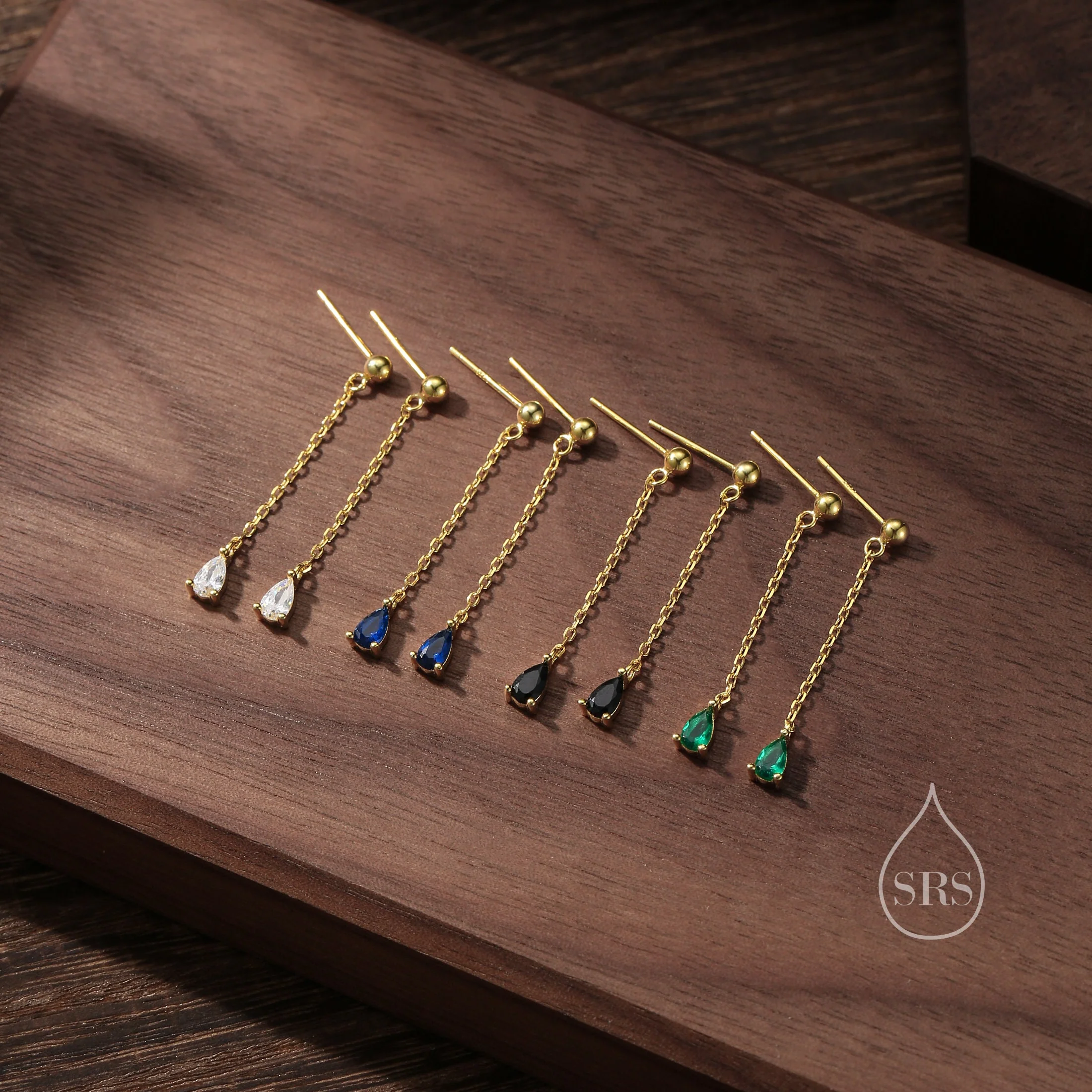Black Droplet CZ with Chain Dangle Stud Earrings in Sterling Silver, Silver or Gold, Black CZ Pear Drop Earrings - Image 6