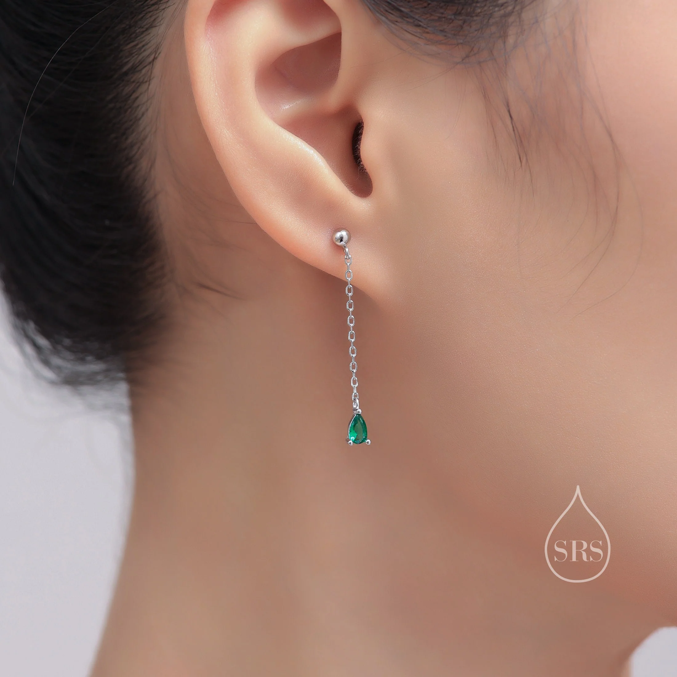 Black Droplet CZ with Chain Dangle Stud Earrings in Sterling Silver, Silver or Gold, Black CZ Pear Drop Earrings - Image 9