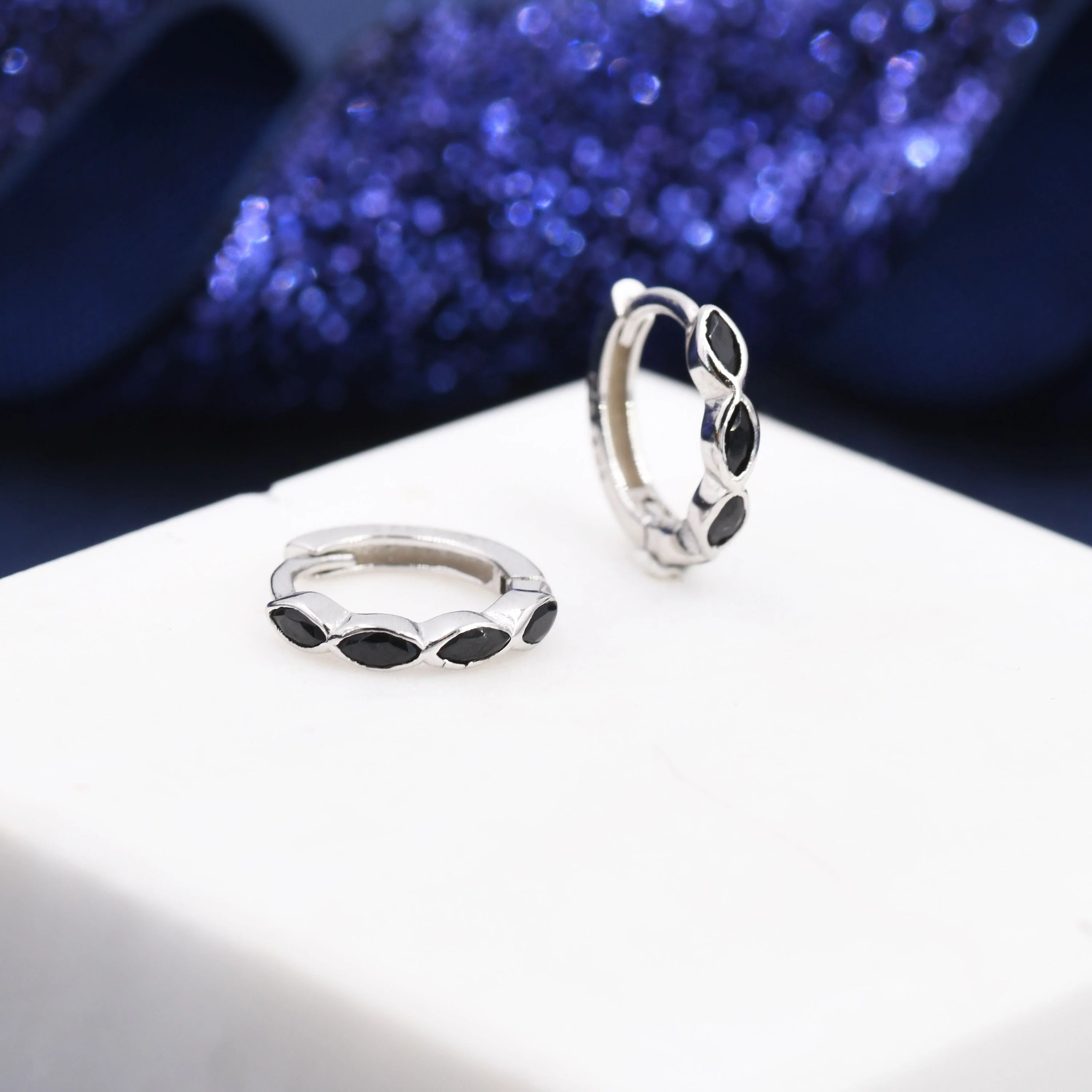 Black Marquise CZ Huggie Hoop in Sterling Silver, Silver or Gold, Minimalist Simple Black Hoop Earrings, Black Diamond Hoops - Image 3