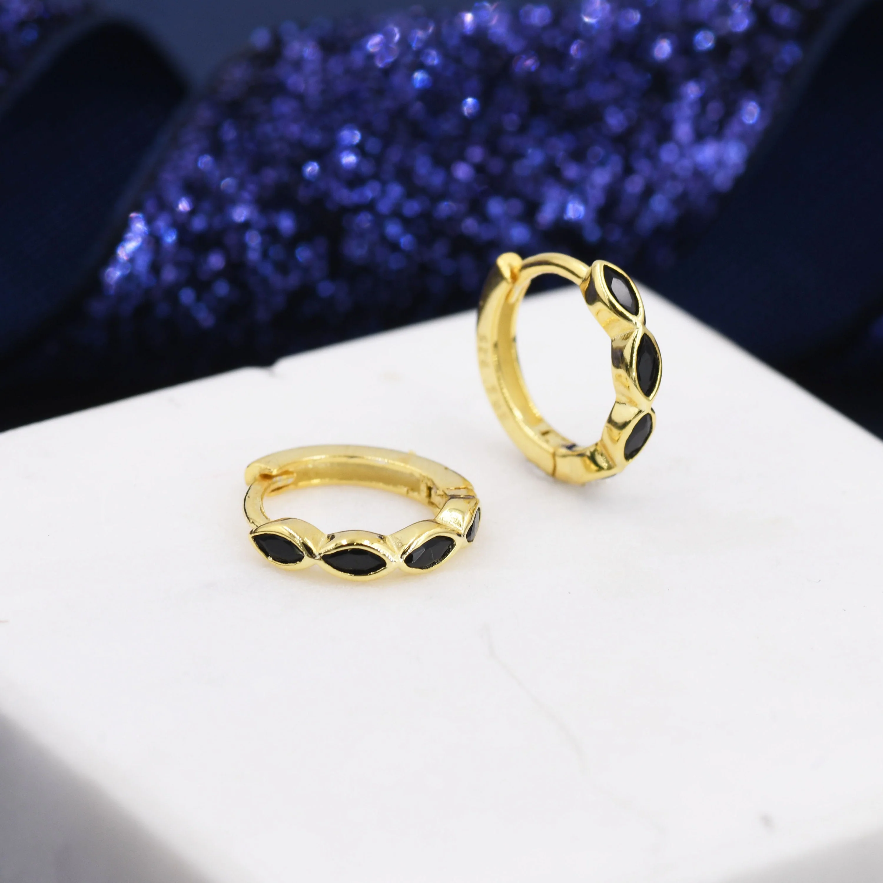 Black Marquise CZ Huggie Hoop in Sterling Silver, Silver or Gold, Minimalist Simple Black Hoop Earrings, Black Diamond Hoops - Image 4