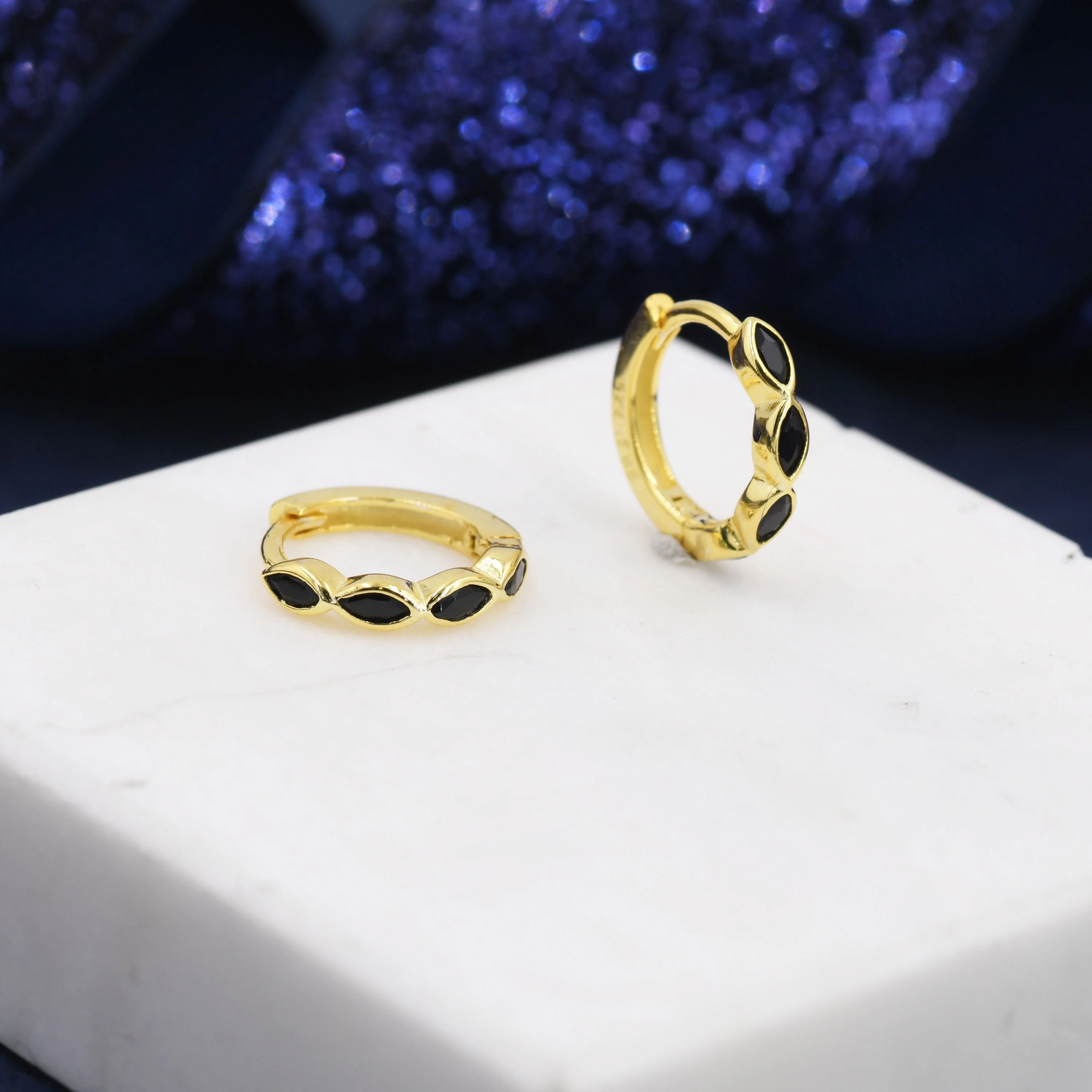 Black Marquise CZ Huggie Hoop in Sterling Silver, Silver or Gold, Minimalist Simple Black Hoop Earrings, Black Diamond Hoops - Image 6