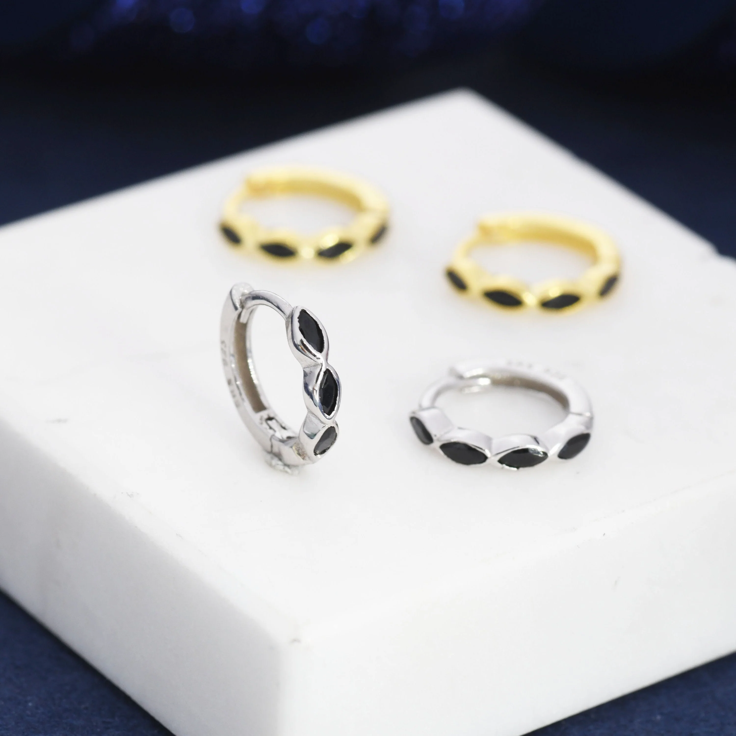 Black Marquise CZ Huggie Hoop in Sterling Silver, Silver or Gold, Minimalist Simple Black Hoop Earrings, Black Diamond Hoops - Image 7