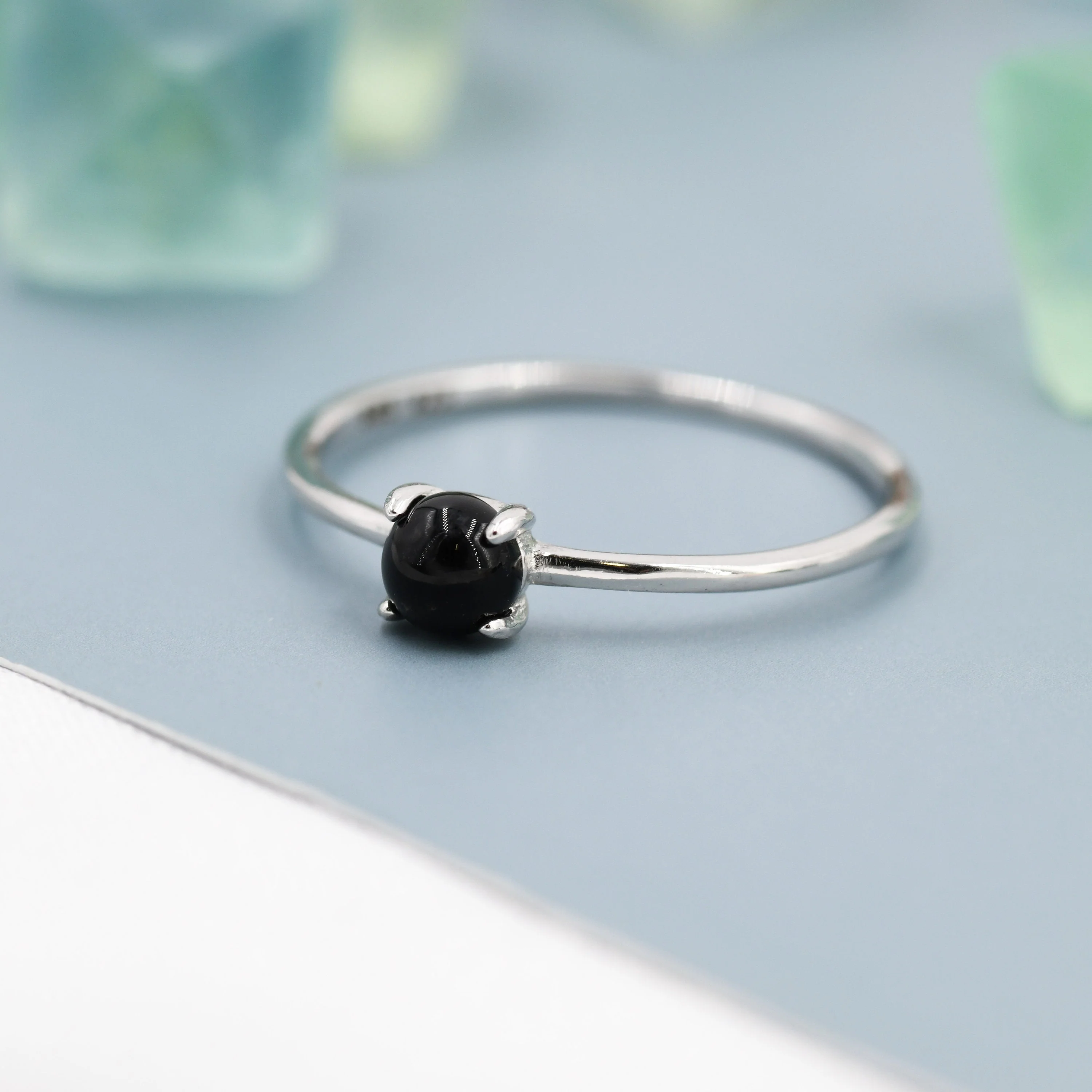 Black Onyx Ring in Sterling Silver, US 5 - 8, Natural Black Onyx Ring, Simple Gemstone Ring, Semi-Precious, Genuine Stone - Image 3