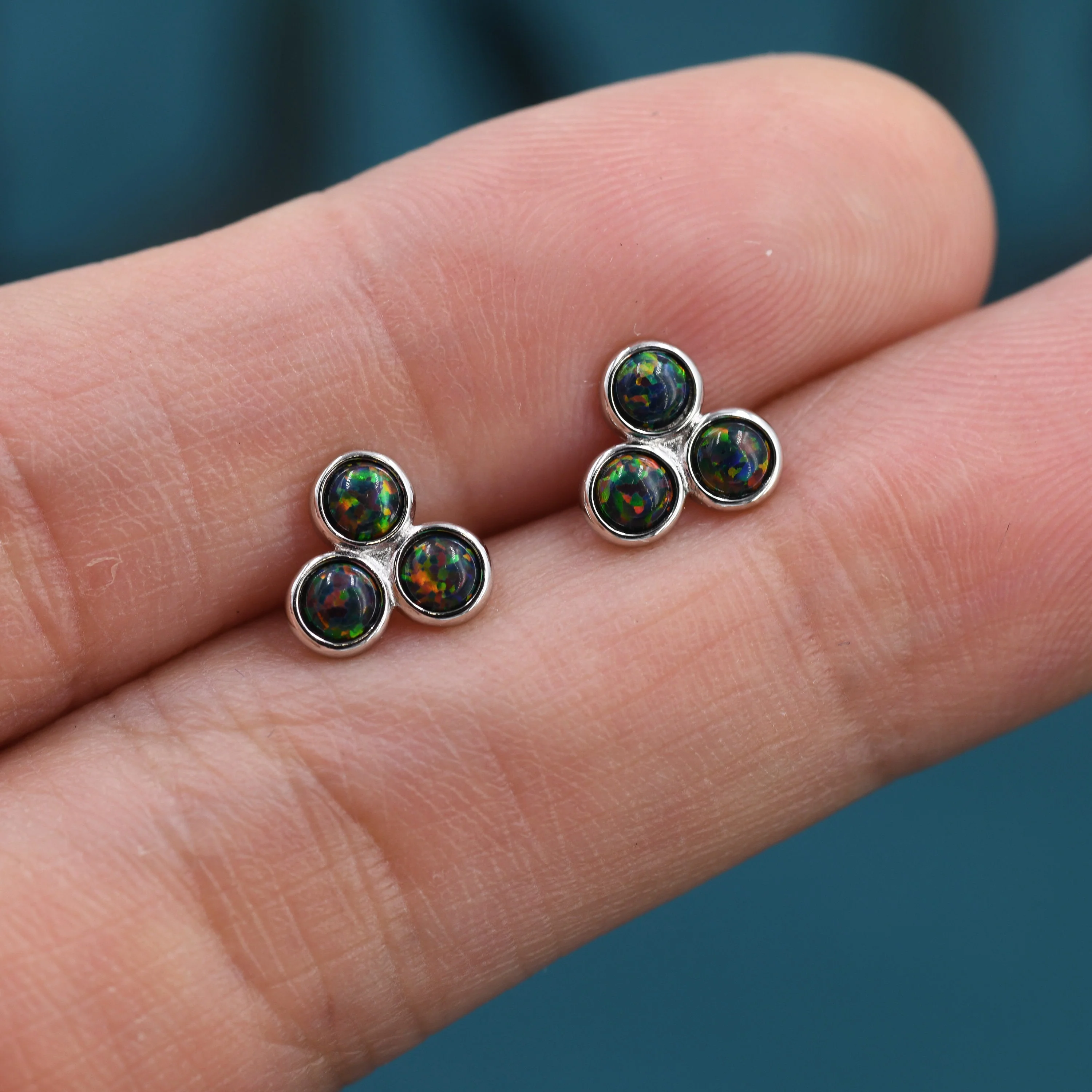 Black Opal Dot Circle Stud Earrings in Sterling Silver - Silver or Gold -  Fire Opal Trio Earrings, Three Opals - Image 6