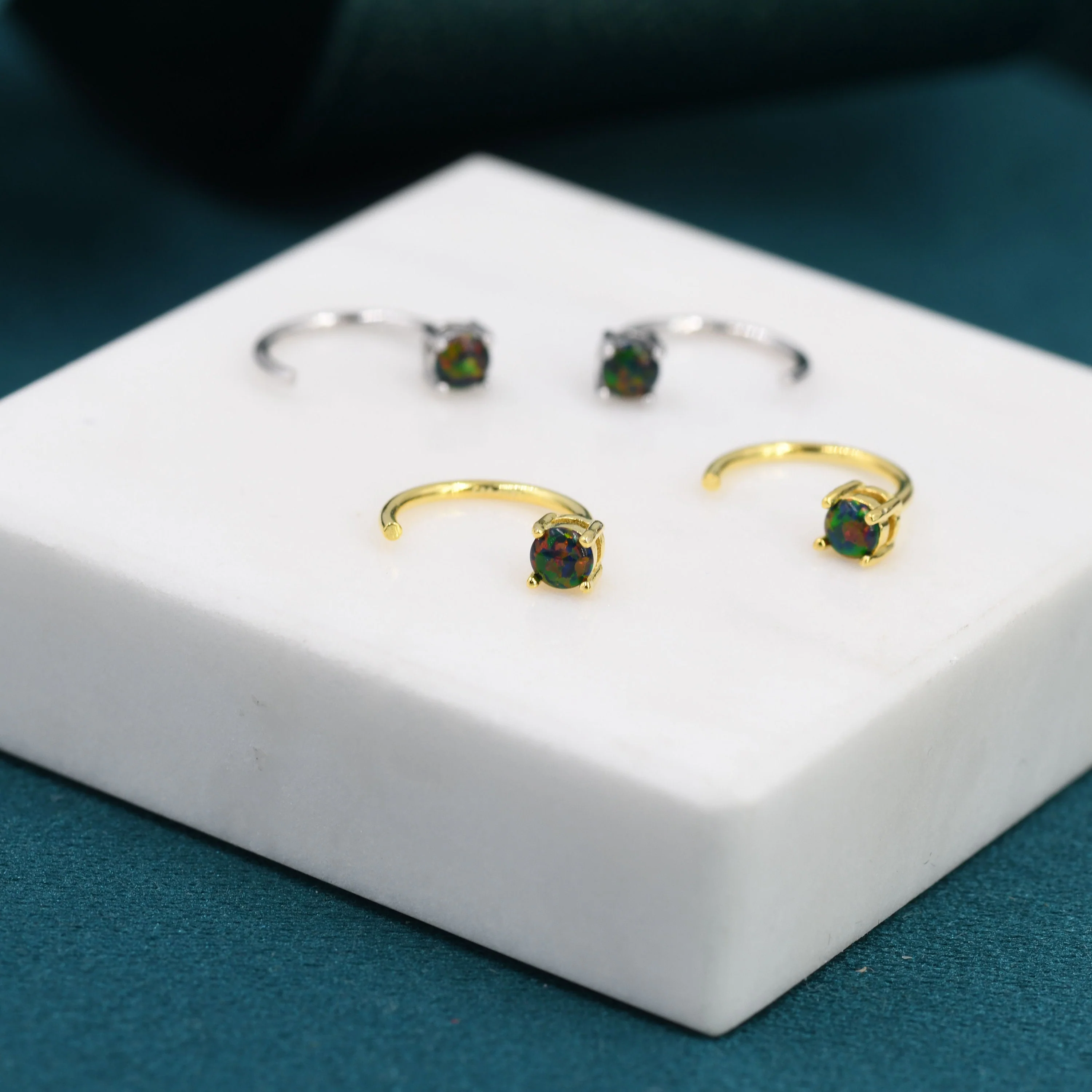 Black Opal Huggie Hoop Earrings in Sterling Silver, Tiny Opal Open Hoops, Opal Pull Through Threaders, Half Hoops, C Shape Opal Hoops - Image 3