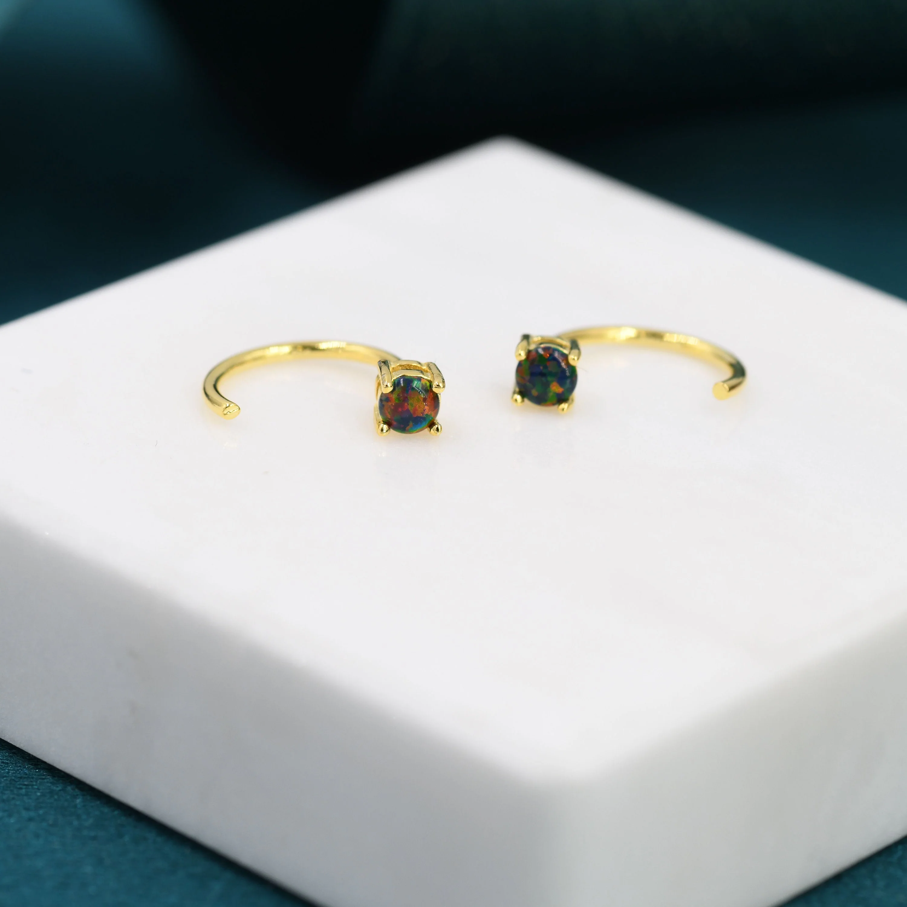 Black Opal Huggie Hoop Earrings in Sterling Silver, Tiny Opal Open Hoops, Opal Pull Through Threaders, Half Hoops, C Shape Opal Hoops - Image 4