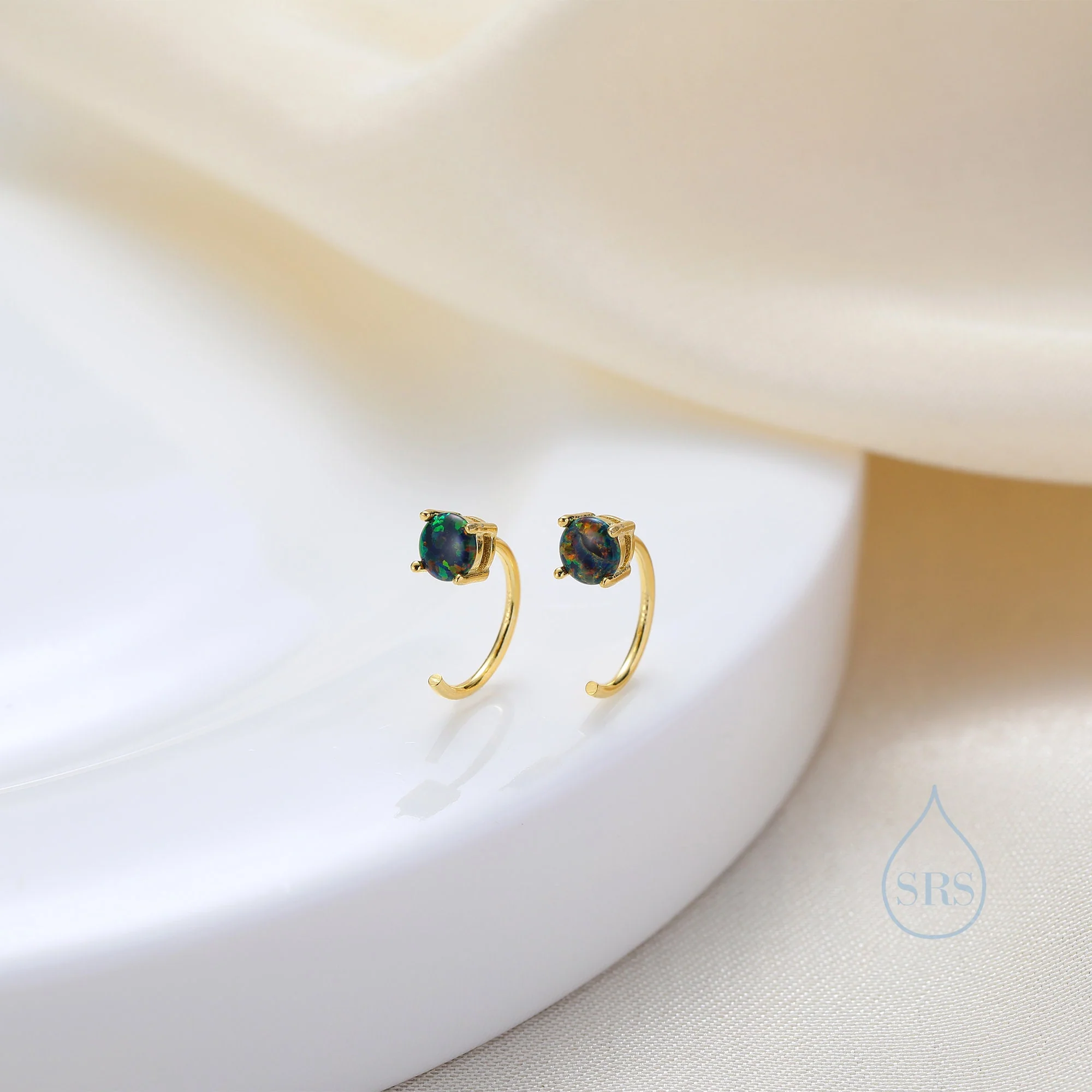 Black Opal Huggie Hoop Earrings in Sterling Silver, Tiny Opal Open Hoops, Opal Pull Through Threaders, Half Hoops, C Shape Opal Hoops - Image 5