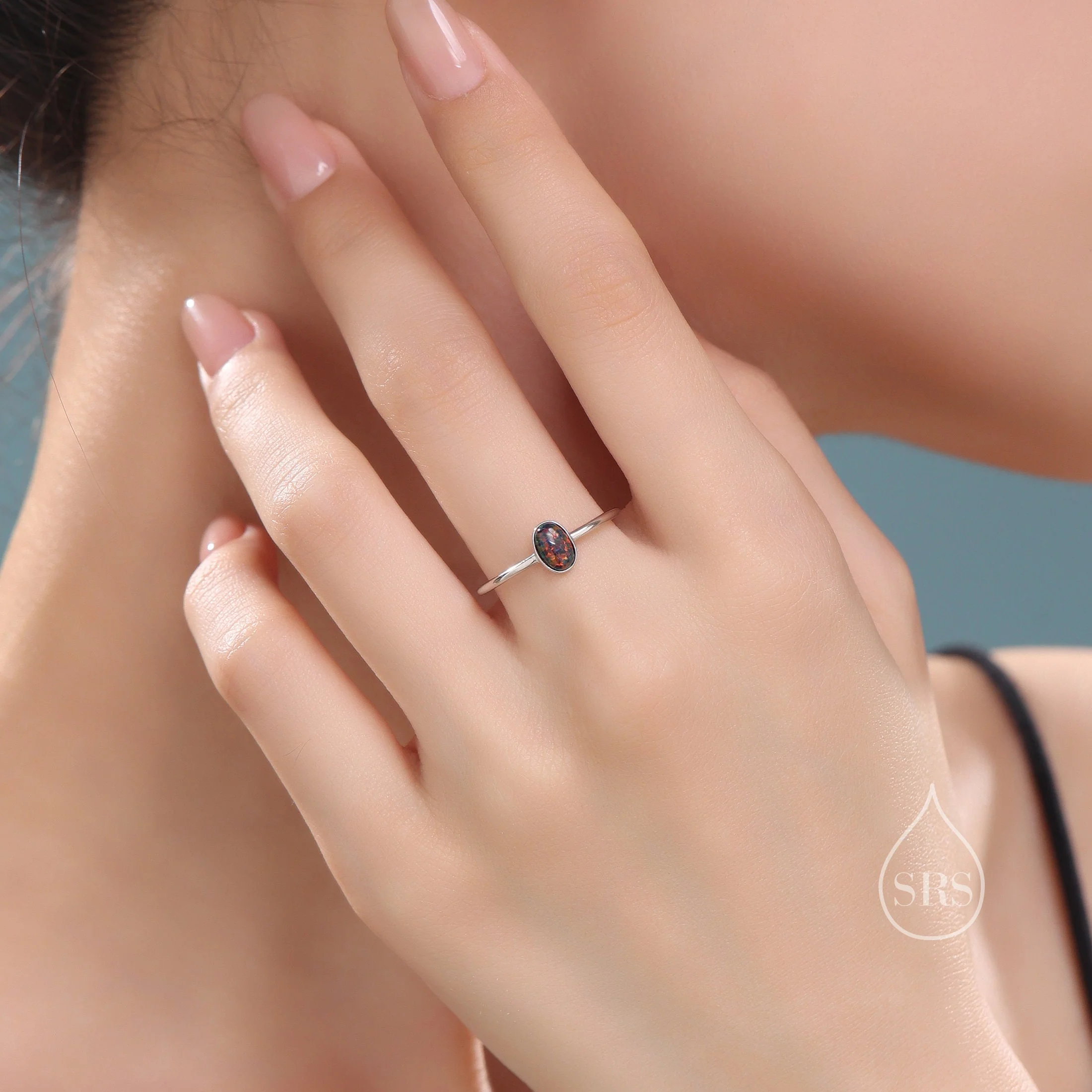 Black Opal Oval Ring in Sterling Silver, US 5 - 8, Lab Created Black Opal Stone Ring, Simulated Black Opal Ring - Image 3